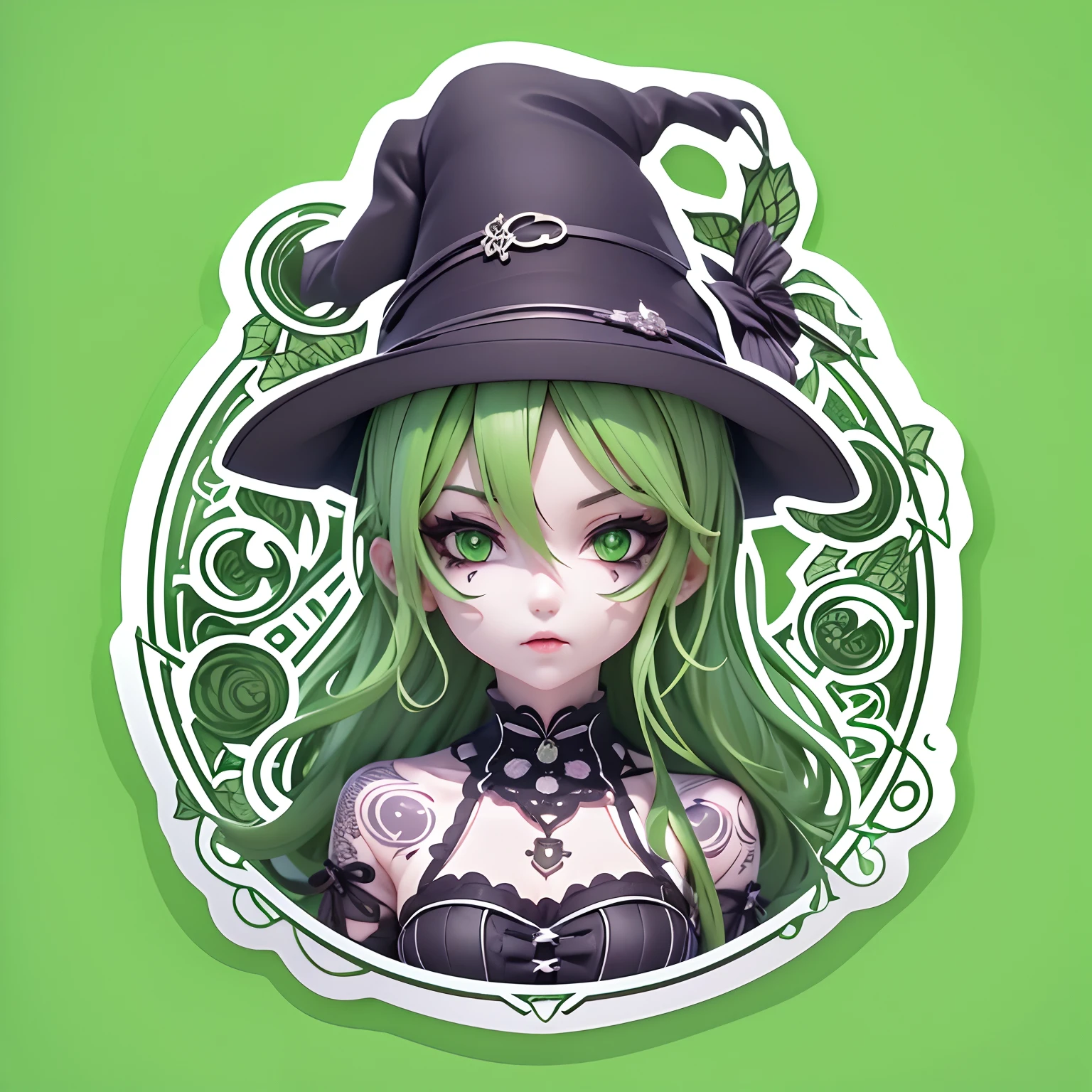 ((Sticker,))(3D anime gothic girl)，Tattooed with，Wear a corset, witch，((in circle)), ((White background)), ((green border))，Simple, Ultra detailed, Detailed drawing, vectorised, 8K, professional sticker design, Flat design, Vector lines, Sticker, Drawing, Drawing, Full-HD