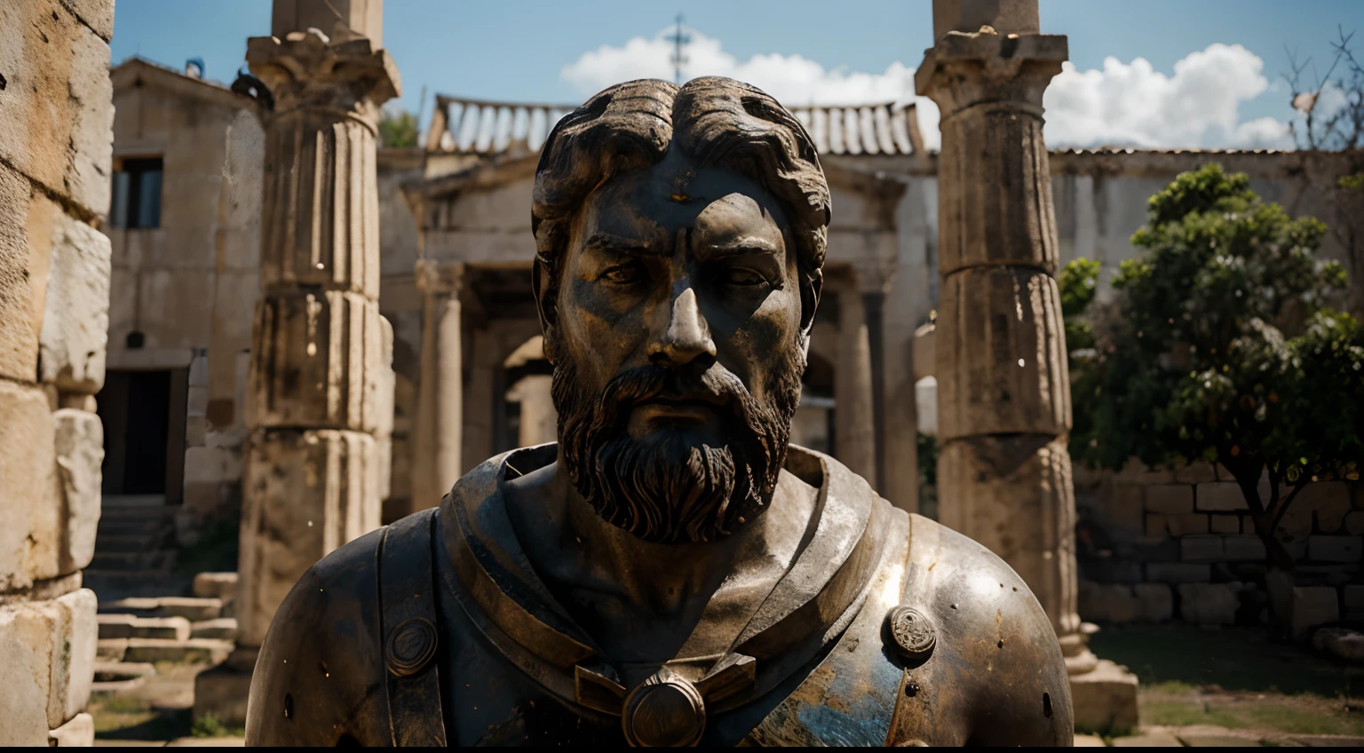 Ancient Stoic Statue With Very Angry Expression, tem barba, muitos detalhes em ambos os olhos, Outside, fundo atenas grego, open sky, com rosto extremamente detalhado full body view, Colors with low saturation with dark tone, Filmado em Sony A7S III com Sony FE 35mm f/1.8, 12.1 MP, --AR 3:2 --estilo cru