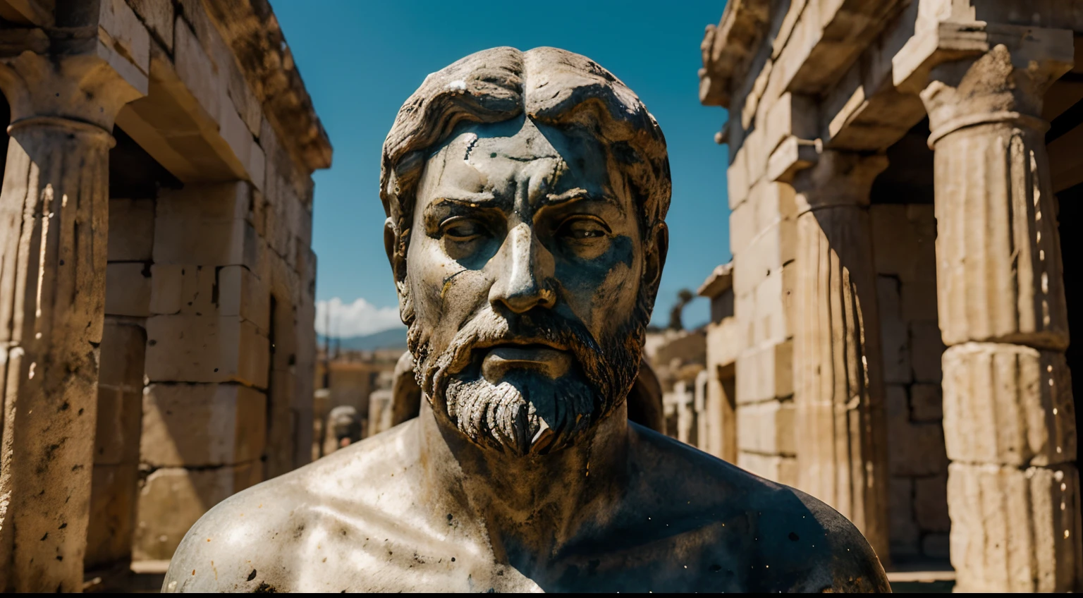 Ancient Stoic Statue With Very Angry Expression, tem barba, muitos detalhes em ambos os olhos, Outside, fundo atenas grego, open sky, com rosto extremamente detalhado full body view, Colors with low saturation with dark tone, Filmado em Sony A7S III com Sony FE 35mm f/1.8, 12.1 MP, --AR 3:2 --estilo cru