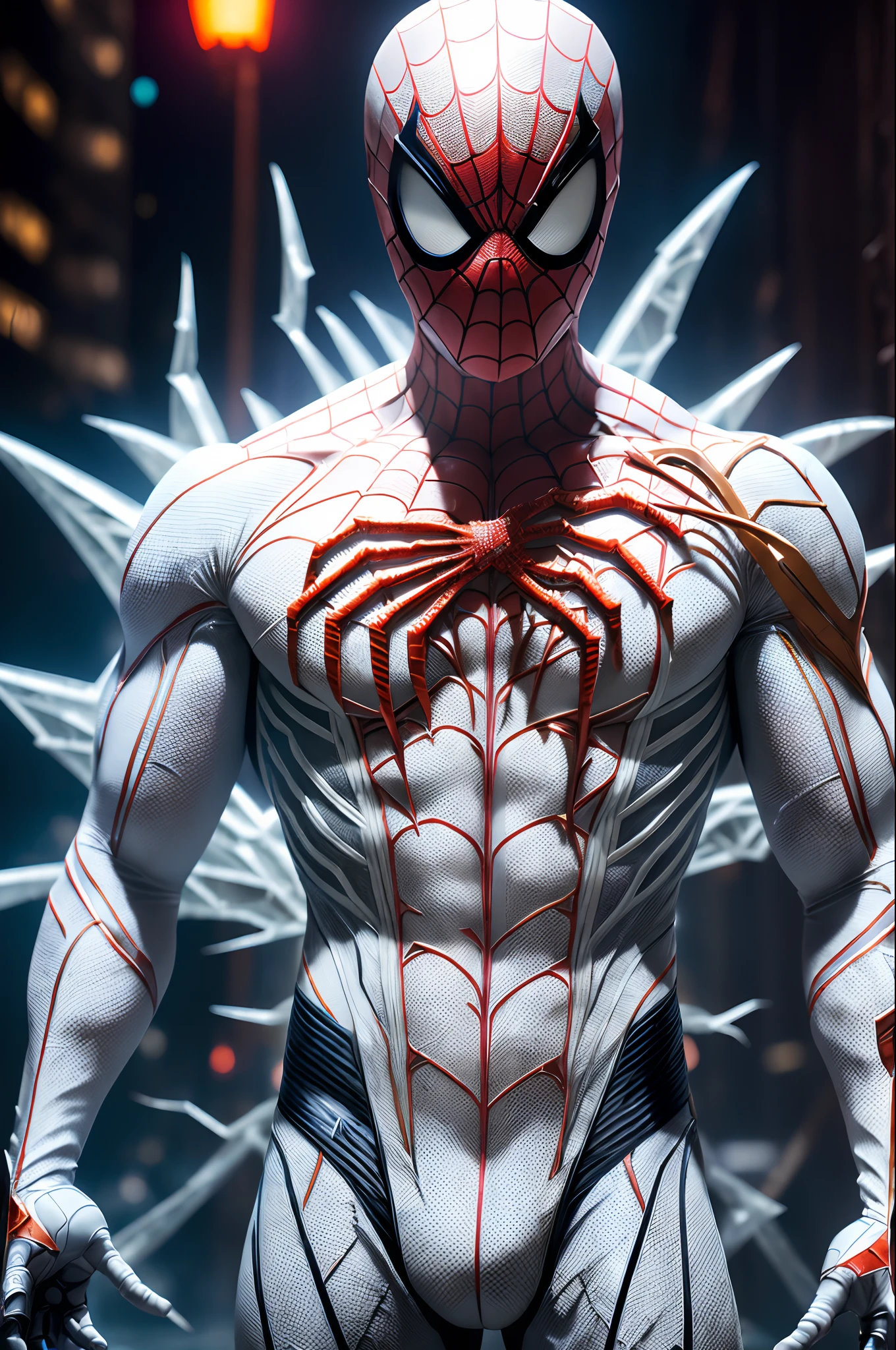 (extremely detailed 8k wallpaper), a medium shot photo of white cyberpunk Spiderman suit made of cyan ice from marvel, Halloween theme, Halloween decorations, intricate, high detail, dramatic