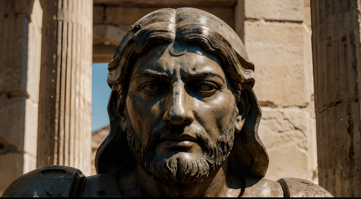 Ancient Stoic Statue With Very Angry Expression, tem barba, muitos detalhes em ambos os olhos, Outside, fundo atenas grego, open sky, com rosto extremamente detalhado full body view, Colors with low saturation with dark tone, Filmado em Sony A7S III com Sony FE 35mm f/1.8, 12.1 MP, --AR 3:2 --estilo cru