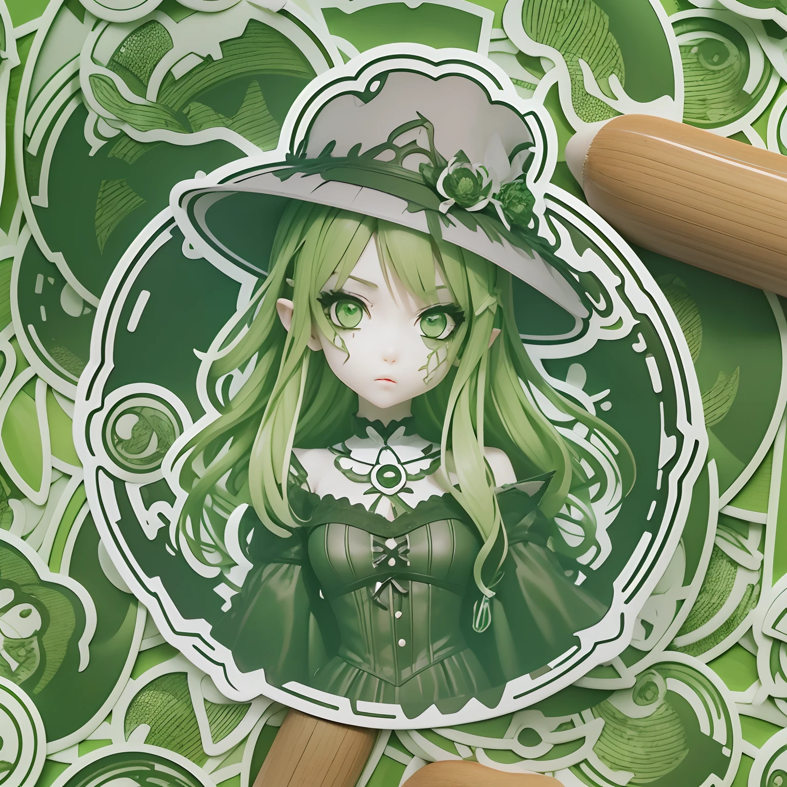 ((Sticker,))(3D anime gothic girl)，anime zombie witch，((in circle)), ((White background)), ((green border))，Simple, Ultra detailed, Detailed drawing, vectorised, 8K, professional sticker design, Flat design, Vector lines, Sticker, Drawing, Drawing, Full-HD