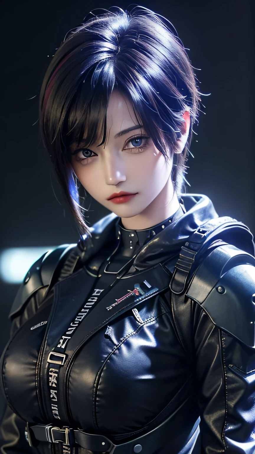 ((top-quality)), ((​masterpiece)), (high-detail:1.3), 3D, Beautiful fece (cyberpunked:1.3) Colored hair、Hacker woman in black clothes looking at camera、boob focused、medium breasts⁩、Bright lighting