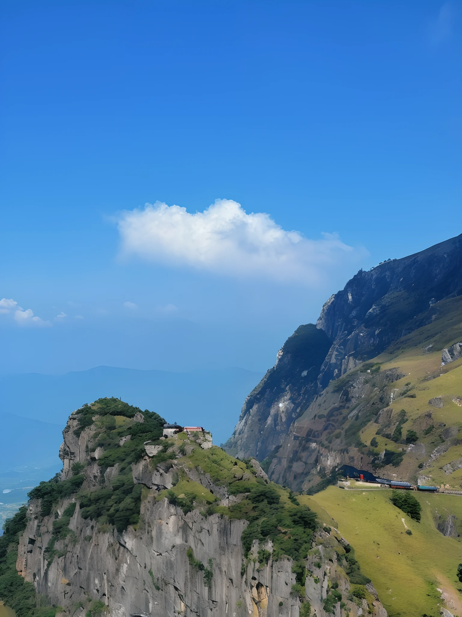 There is a train on the tracks up the hill, Far view, outlines, upper view, visto ao longe, “ aerial view of a mountain, dramatic view, detailed scenic view, Faraway view, dramatic scenery, in a panoramic view, mountainous terrain, beautiful fine sky, Breathtaking landscapes, integrated in the mountains, ( Visually stunning, Landscape view, Panorama view