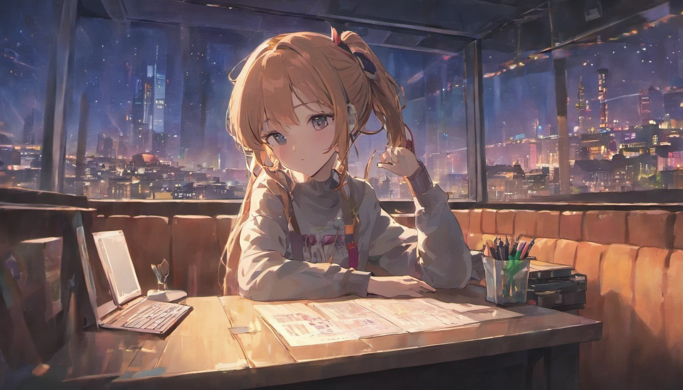 Anime girl sitting at table with laptop and headphones inside, night view in window, ZERO Girl, Compliment Art Style, Lofi Portrait, Lofi Art, Lofi Sensation, zero, ZERO vibes, Chillhop, lofi girl aesthetic, Lo-fi Art, ZERO color, lo-fi style illustration, Hip Hop Lofi, lofi aesthetic