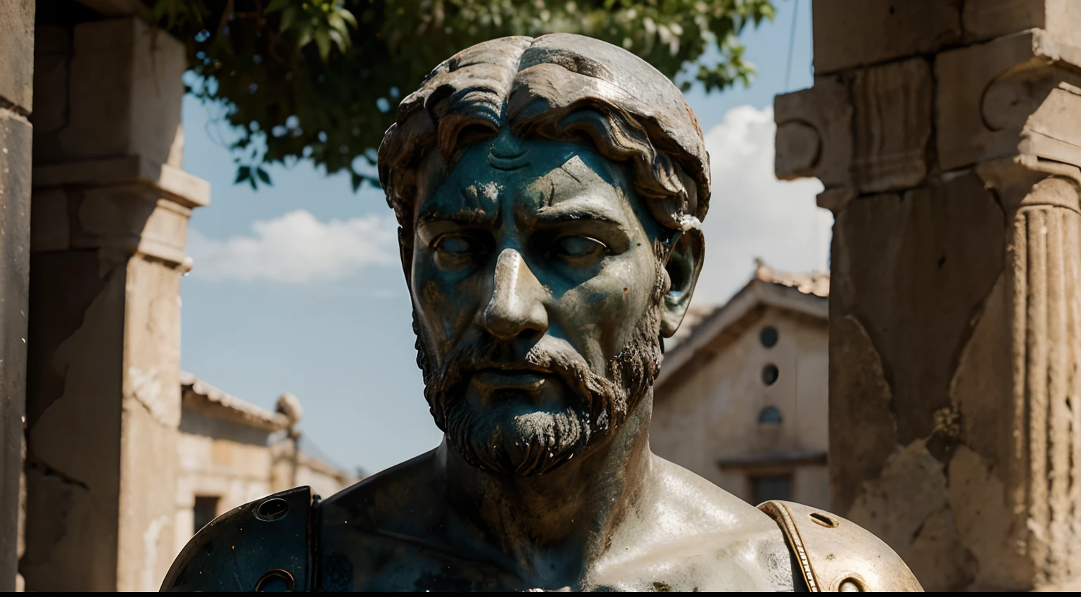 Ancient Stoic Statue With Very Angry Expression, tem barba, muitos detalhes em ambos os olhos, Outside, fundo atenas grego, open sky, com rosto extremamente detalhado full body view, Colors with low saturation with dark tone, Filmado em Sony A7S III com Sony FE 35mm f/1.8, 12.1 MP, --AR 3:2 --estilo cru