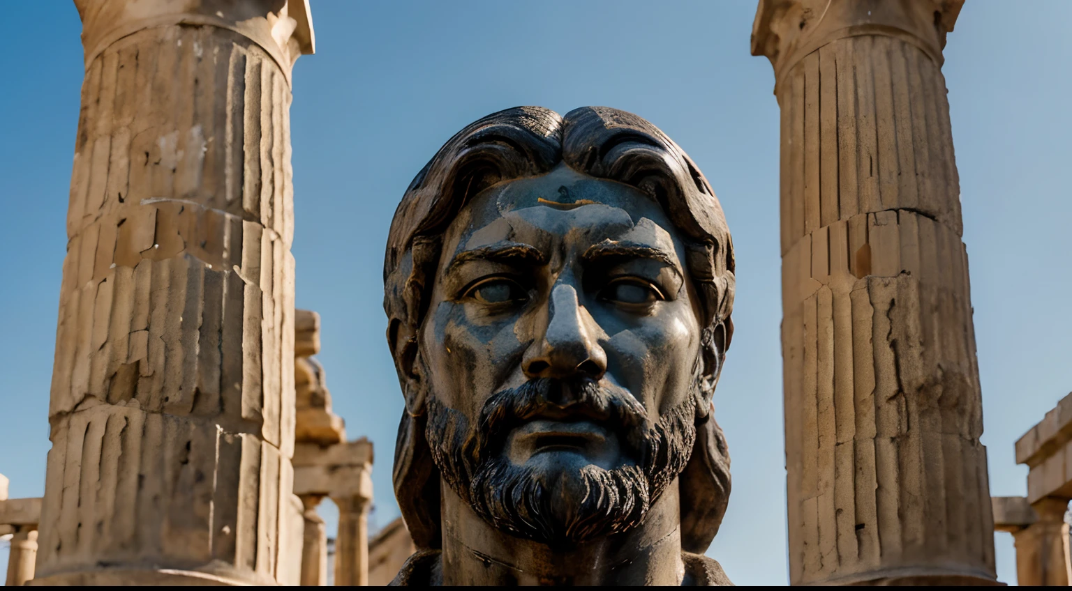 Ancient Stoic Statue With Very Angry Expression, tem barba, muitos detalhes em ambos os olhos, Outside, fundo atenas grego, open sky, com rosto extremamente detalhado full body view, Colors with low saturation with dark tone, Filmado em Sony A7S III com Sony FE 35mm f/1.8, 12.1 MP, --AR 3:2 --estilo cru