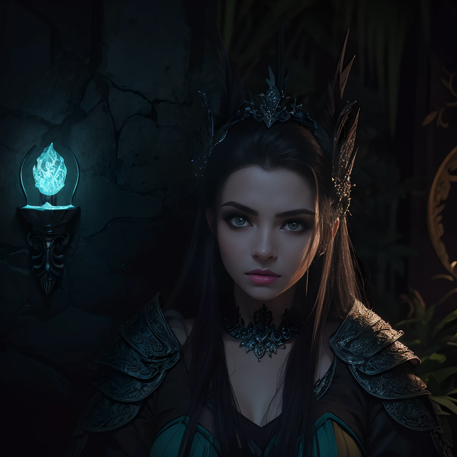 Melhor qualidade, extremamente detalhado, (retrato), de uma bela garota gerreira, Beautful, cabelos brancos, corpo lindo, pele palida, olhos brancos sem retinas, sombreado preto escorrido e em volta dos olhos, Her appearance is that of undead Spectro, armadura velha com rachaduras, roupas pretas rasgadas em uma floresta seca e morta, 8k, ultra detalhado e realista