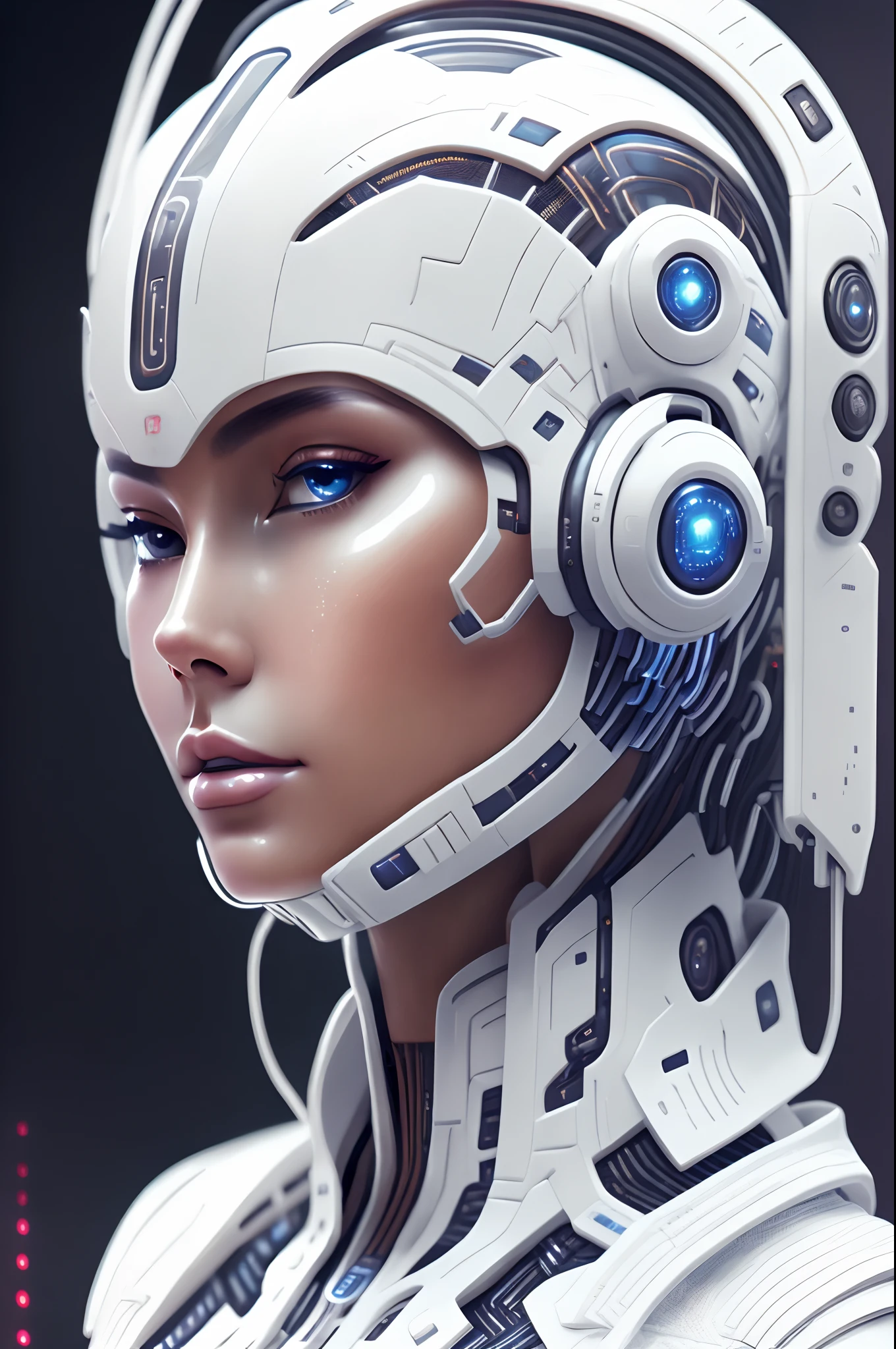 a close up of a woman wearing headphones and a white suit, futuristic style, futuristic look, fashionable futuristic woman, retro futuristic style, futuristic woman portrait, portrait of a sci - fi woman, sci - fi look, wearing futuristic, sci-fi futuristic, futuristic aesthetic, futuristic and ethereal, portrait beautiful sci - fi girl, retrofuturistic female android