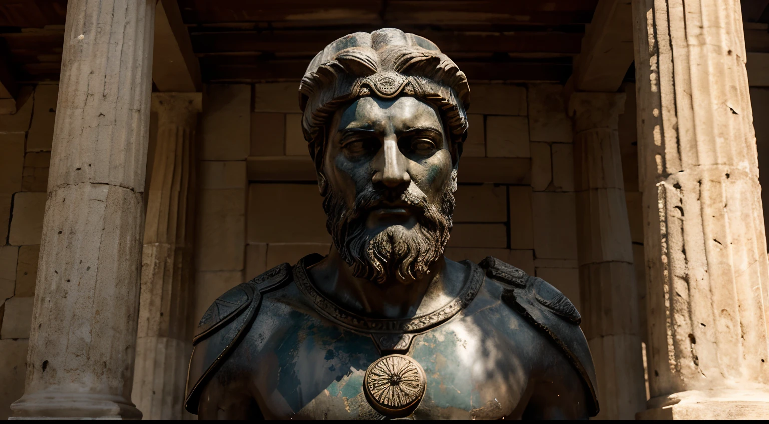 Ancient Stoic Statue With Very Angry Expression, tem barba, muitos detalhes em ambos os olhos, Outside, fundo atenas grego, open sky, com rosto extremamente detalhado full body view, Colors with low saturation with dark tone, Filmado em Sony A7S III com Sony FE 35mm f/1.8, 12.1 MP, --AR 3:2 --estilo cru
