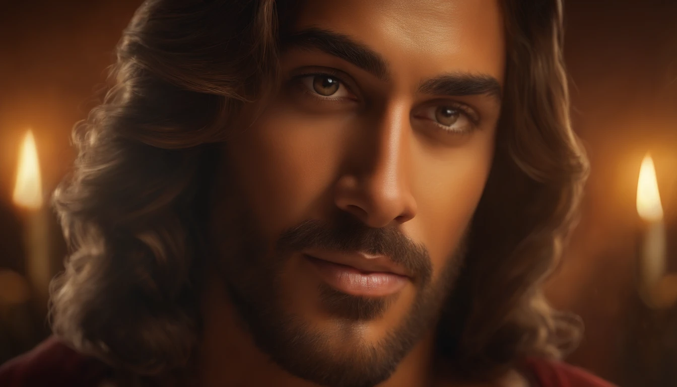 (melhor qualidade,4k,8k,Altas,master part:1.2),ultra-detalhado,(Realistic,fotorrealista,photo-realistic:1.37),jesus cristo,estilo de arte tradicional,vivid and dynamic brushstrokes,Ancient playful setting ,Charismatic expression,postura humilde,historic portrait,Noble Features,estilo de pintura de tinta e lavagem,finely detailed facial features,dynamic compositing,Paradisiacal scenery,olhar confiante,,ambiente com Luz do sol dourada iluminando a cena,aura de angelical,atmosphric perspective,Explosive lighting