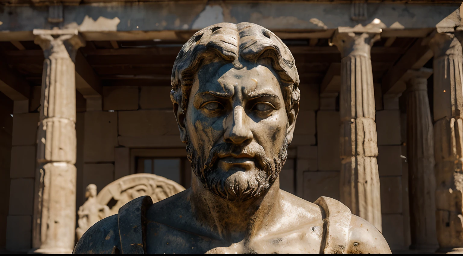 Ancient Stoic Statue With Very Angry Expression, tem barba, muitos detalhes em ambos os olhos, Outside, fundo atenas grego, open sky, com rosto extremamente detalhado full body view, Colors with low saturation with dark tone, Filmado em Sony A7S III com Sony FE 35mm f/1.8, 12.1 MP, --AR 3:2 --estilo cru