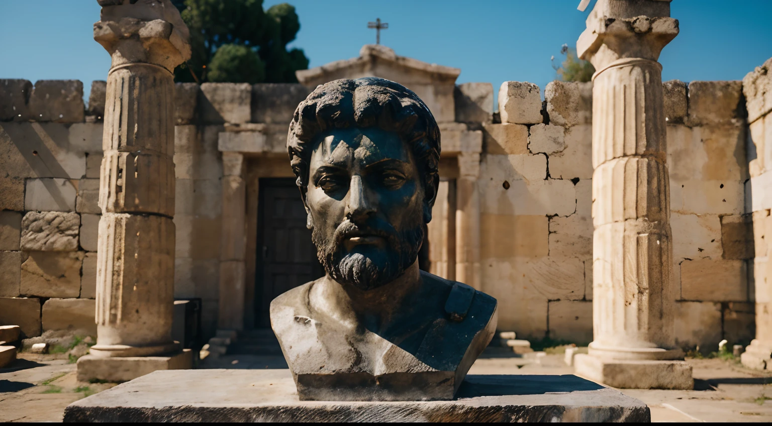 Ancient Stoic Statue With Very Angry Expression, tem barba, muitos detalhes em ambos os olhos, Outside, fundo atenas grego, open sky, com rosto extremamente detalhado full body view, Colors with low saturation with dark tone, Filmado em Sony A7S III com Sony FE 35mm f/1.8, 12.1 MP, --AR 3:2 --estilo cru