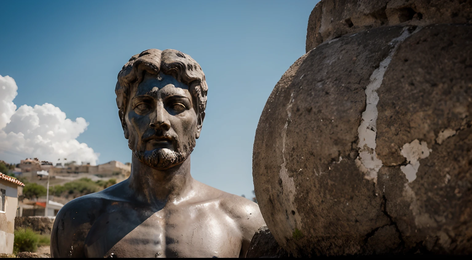 Ancient Stoic Statue With Very Angry Expression, tem barba, muitos detalhes em ambos os olhos, Outside, fundo atenas grego, open sky, com rosto extremamente detalhado full body view, Colors with low saturation with dark tone, Filmado em Sony A7S III com Sony FE 35mm f/1.8, 12.1 MP, --AR 3:2 --estilo cru