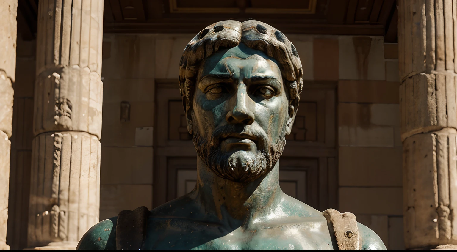 Ancient Stoic Statue With Very Angry Expression, tem barba, muitos detalhes em ambos os olhos, Outside, fundo atenas grego, open sky, com rosto extremamente detalhado full body view, Colors with low saturation with dark tone, Filmado em Sony A7S III com Sony FE 35mm f/1.8, 12.1 MP, --AR 3:2 --estilo cru