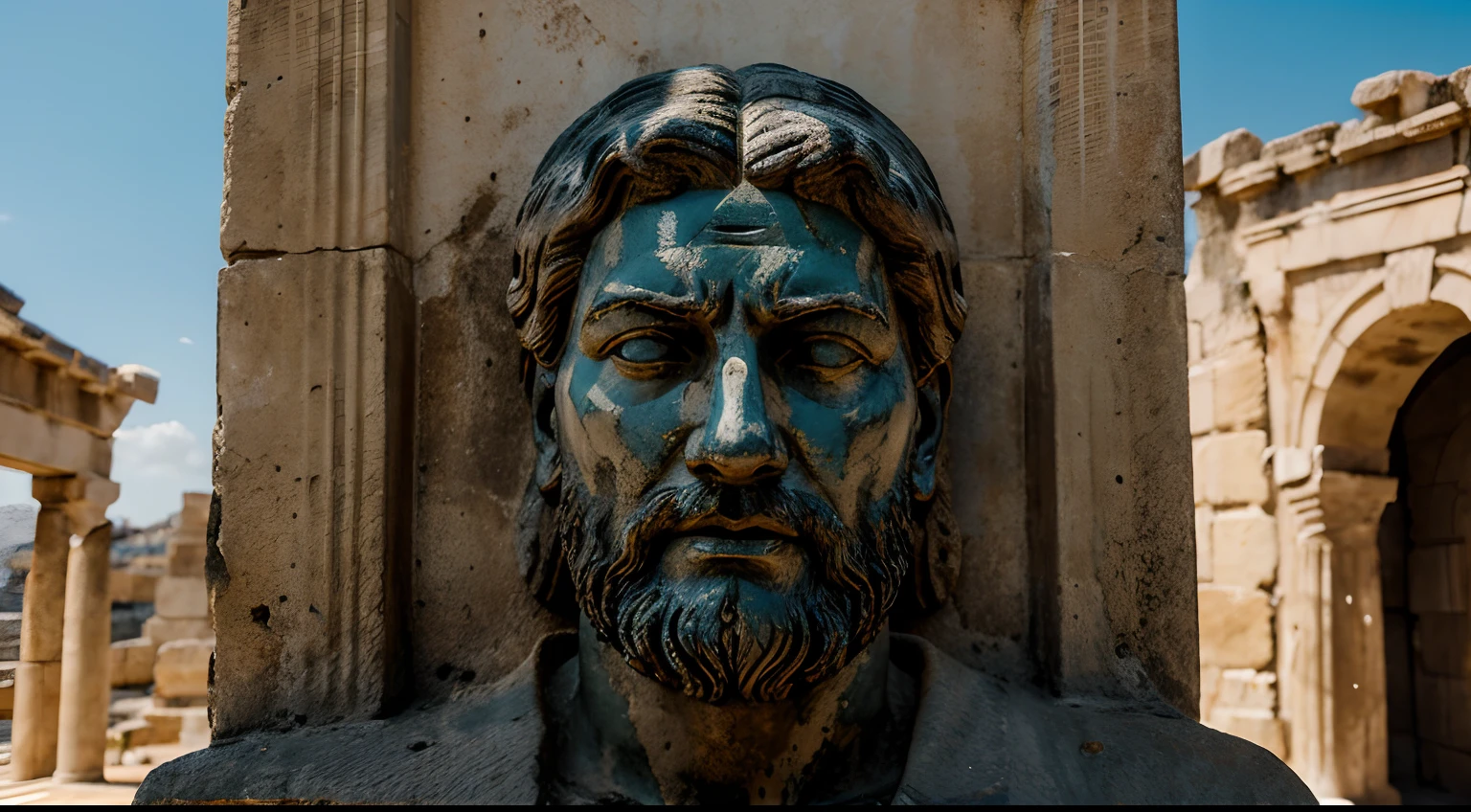 Ancient Stoic Statue With Very Angry Expression, tem barba, muitos detalhes em ambos os olhos, Outside, fundo atenas grego, open sky, com rosto extremamente detalhado full body view, Colors with low saturation with dark tone, Filmado em Sony A7S III com Sony FE 35mm f/1.8, 12.1 MP, --AR 3:2 --estilo cru