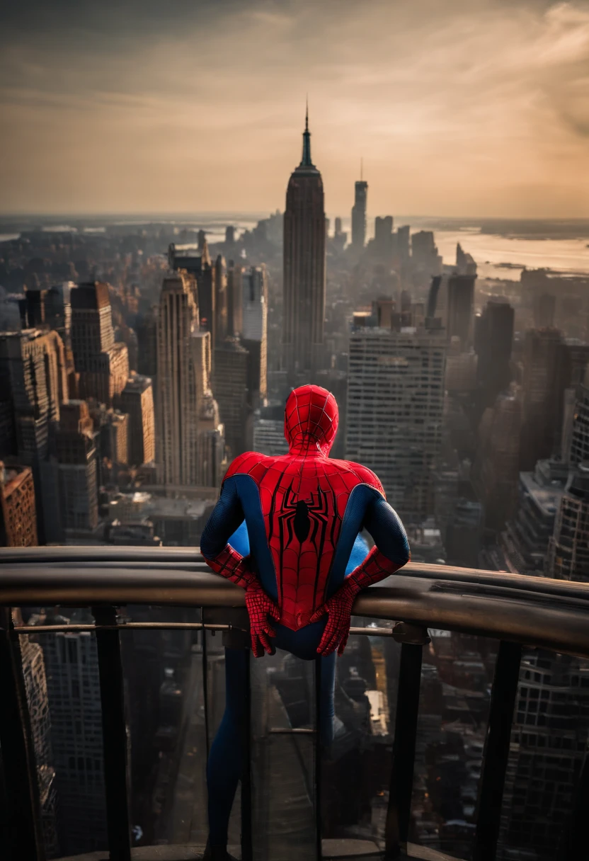 Spiderman standing ontop of the empire state building looking down on NYC as he holds on with one arm, cinematic, dramatic light, golden hour, haze, crystal clear image, highly detailed