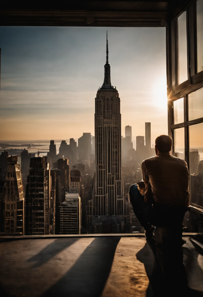 Spiderman standing ontop of the empire state building looking down on NYC as he holds on with one arm, cinematic, dramatic light, golden hour, haze, crystal clear image, highly detailed