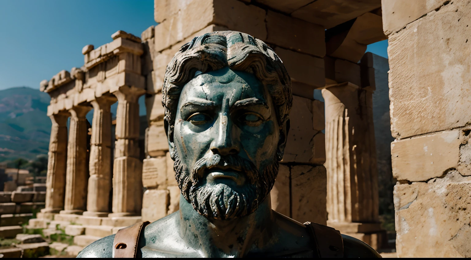 Ancient Stoic Statue With Very Angry Expression, tem barba, muitos detalhes em ambos os olhos, Outside, fundo atenas grego, open sky, com rosto extremamente detalhado full body view, Colors with low saturation with dark tone, Filmado em Sony A7S III com Sony FE 35mm f/1.8, 12.1 MP, --AR 3:2 --estilo cru
