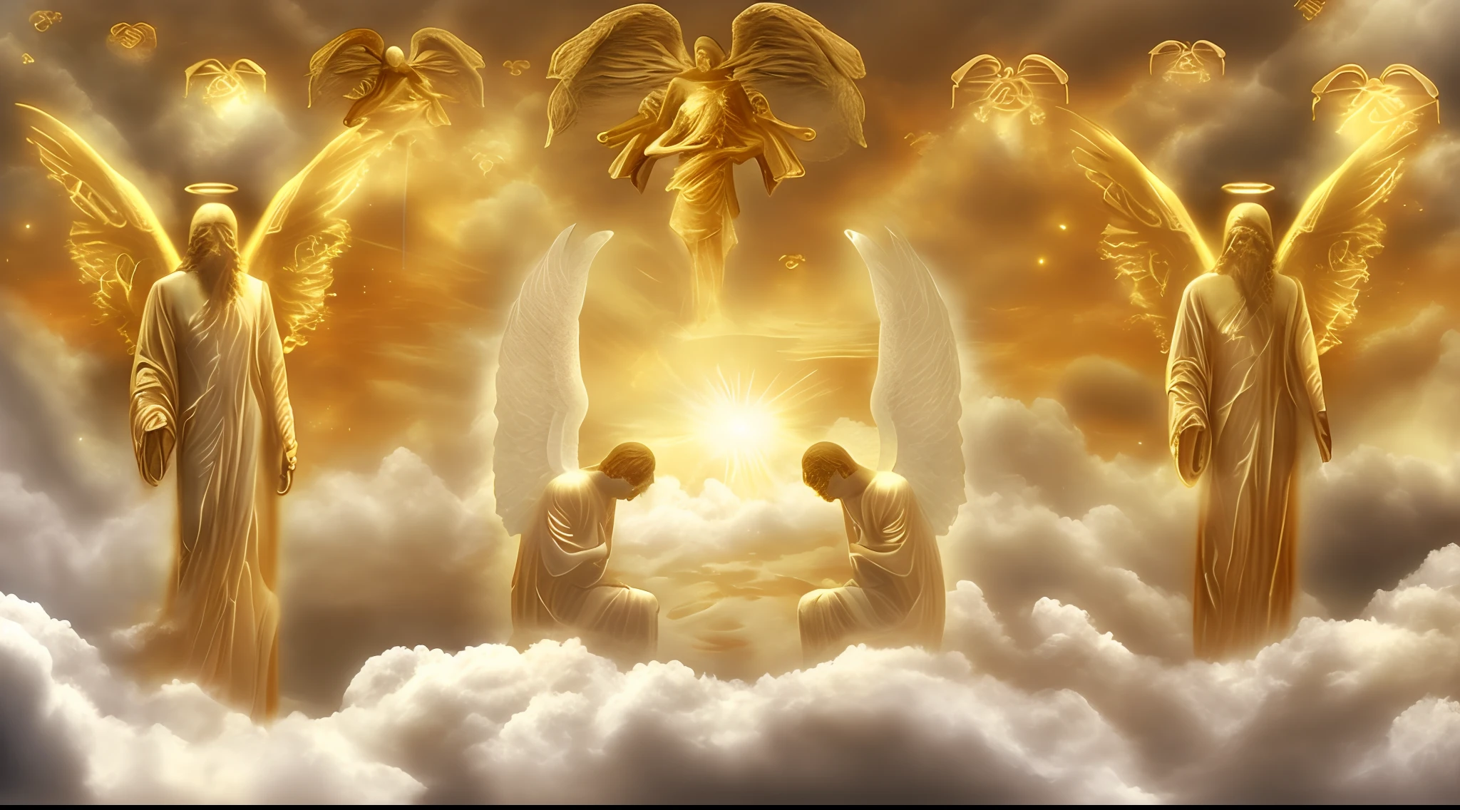 Angels in the clouds with a golden sky background, angels in the sky, angels protecting a praying man, Anjos, gold gates of heaven!!!!!!!!, 2 anjos, anjos voadores, infinite angelic wings, godly and ethereal, heaven, angels and demons, angelic, Tema de anjo, Asas de Anjo Infinitas, cheio de pinturas de anjos, angel spirit guide, esoteric equation heaven