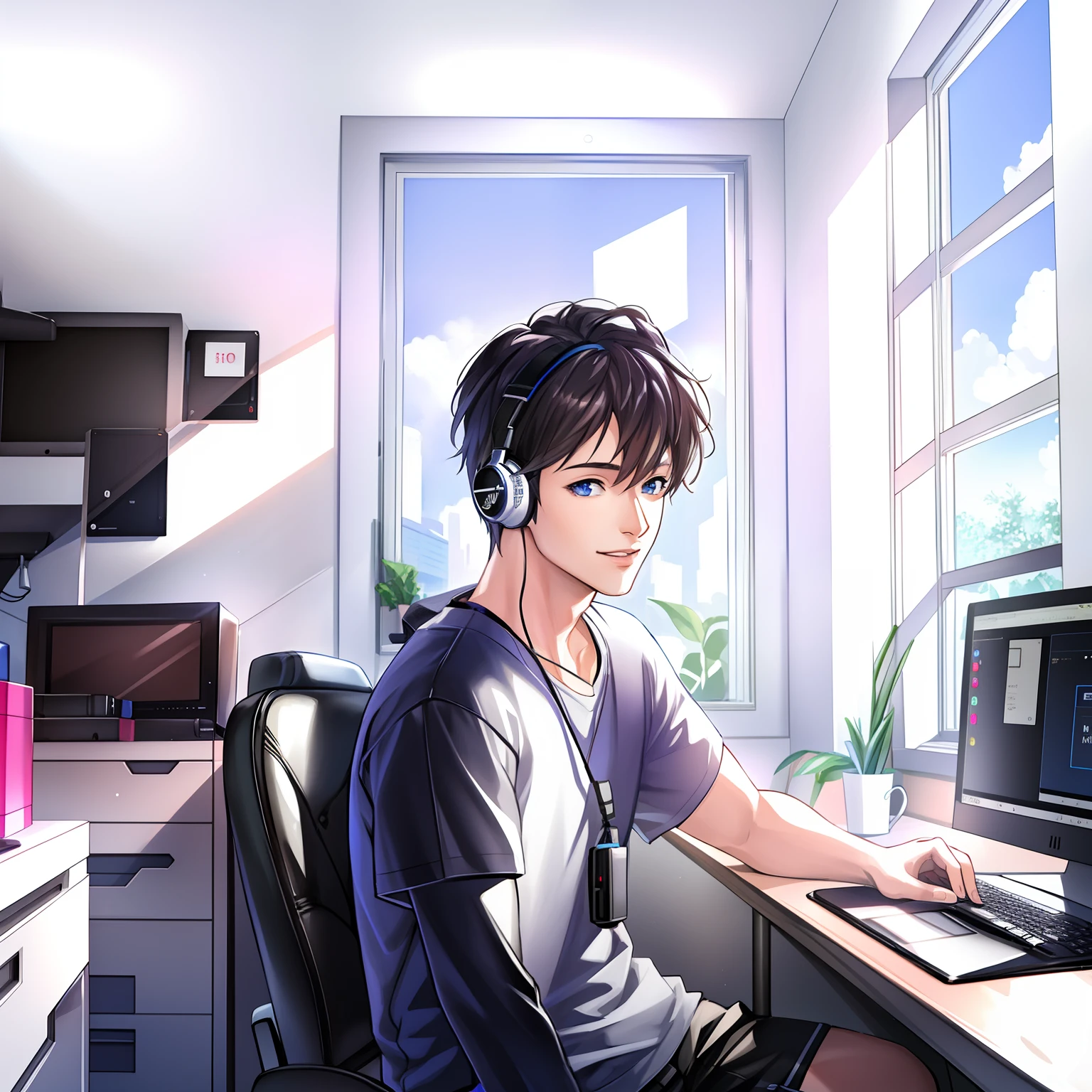 (best quality,4k,highres,ultra-detailed),(realistic,photo-realistic:1.37) digital anime illustration, anime-style portrait of a young anime male. The male is sitting at a desk, holding a laptop and wearing headphones. The illustration is in a realistic anime art style, with vibrant colors and sharp focus. The lighting is studio lighting, creating a professional and vivid atmosphere.
