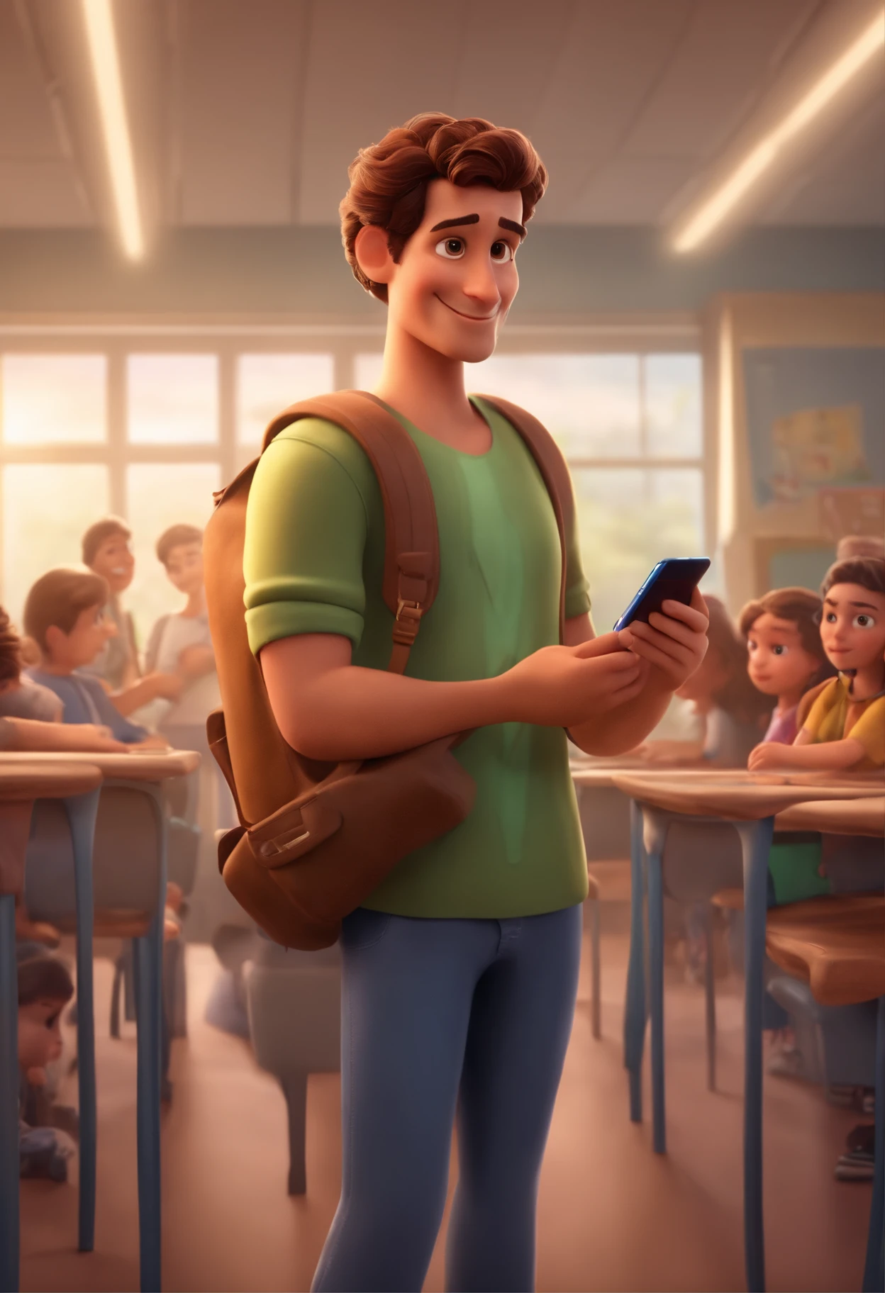 Create a 45-year-old Brazilian man, with short brown hair, in casual clothing, holding a smartphone, with a backpack, in a classroom.  Disney-Pixar style.
