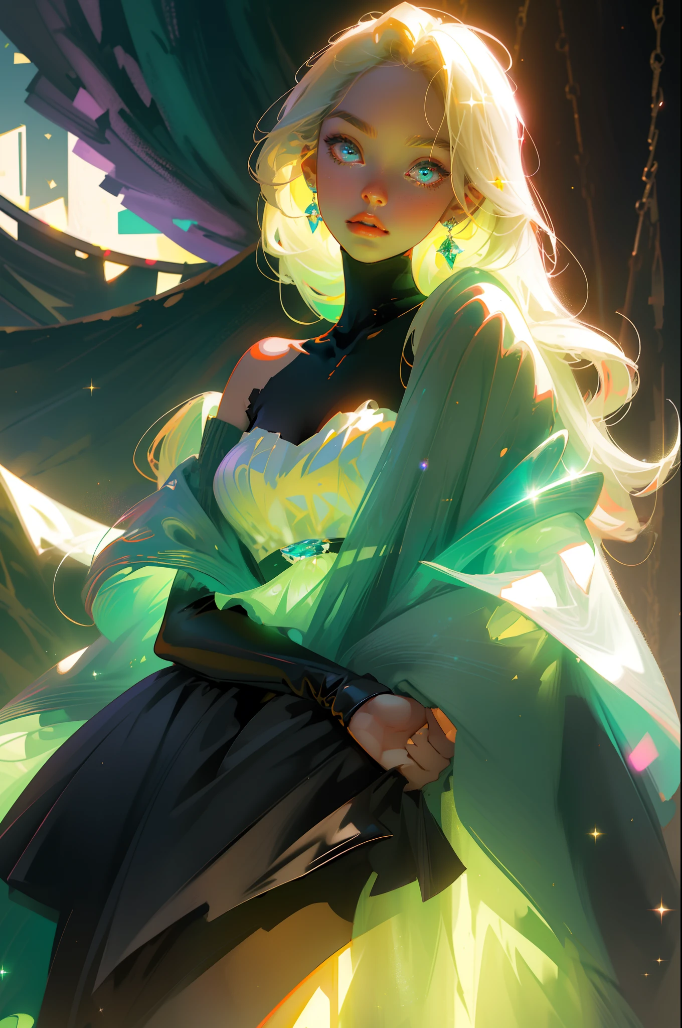 Masterpiece, best quality, super high resolution, fluorescent color,
1 girl, looking at the audience, beautiful face, beautiful eyes, (off-the-shoulder: 1.2), head up, upper body, forest, shiny hair, shiny skin, glowing cut, chibi, finger scale coordination, black starlight dress, particles