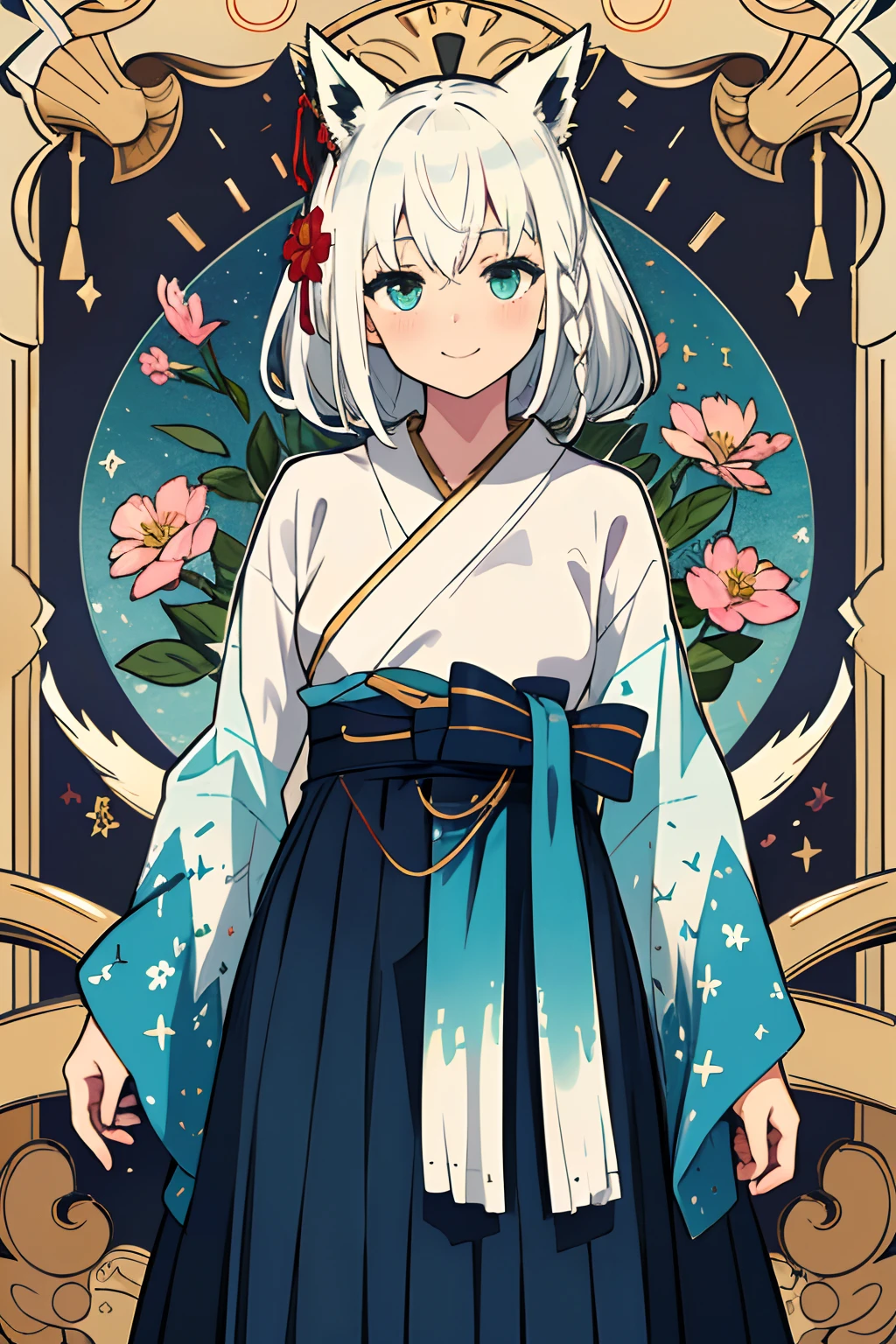 masterpiece, (absurdres, highres, ultra detailed),fubukinewyears, white kimono, blue bow, blue hakama, japanese clothes, hair flower, white hair, single side braid, \tarot\, Symbolism, Visual art, Occult, Universal, Vision casting, Philosophical, Iconography, Numerology, Popularity, Artistic, Alfons Mucha, smile