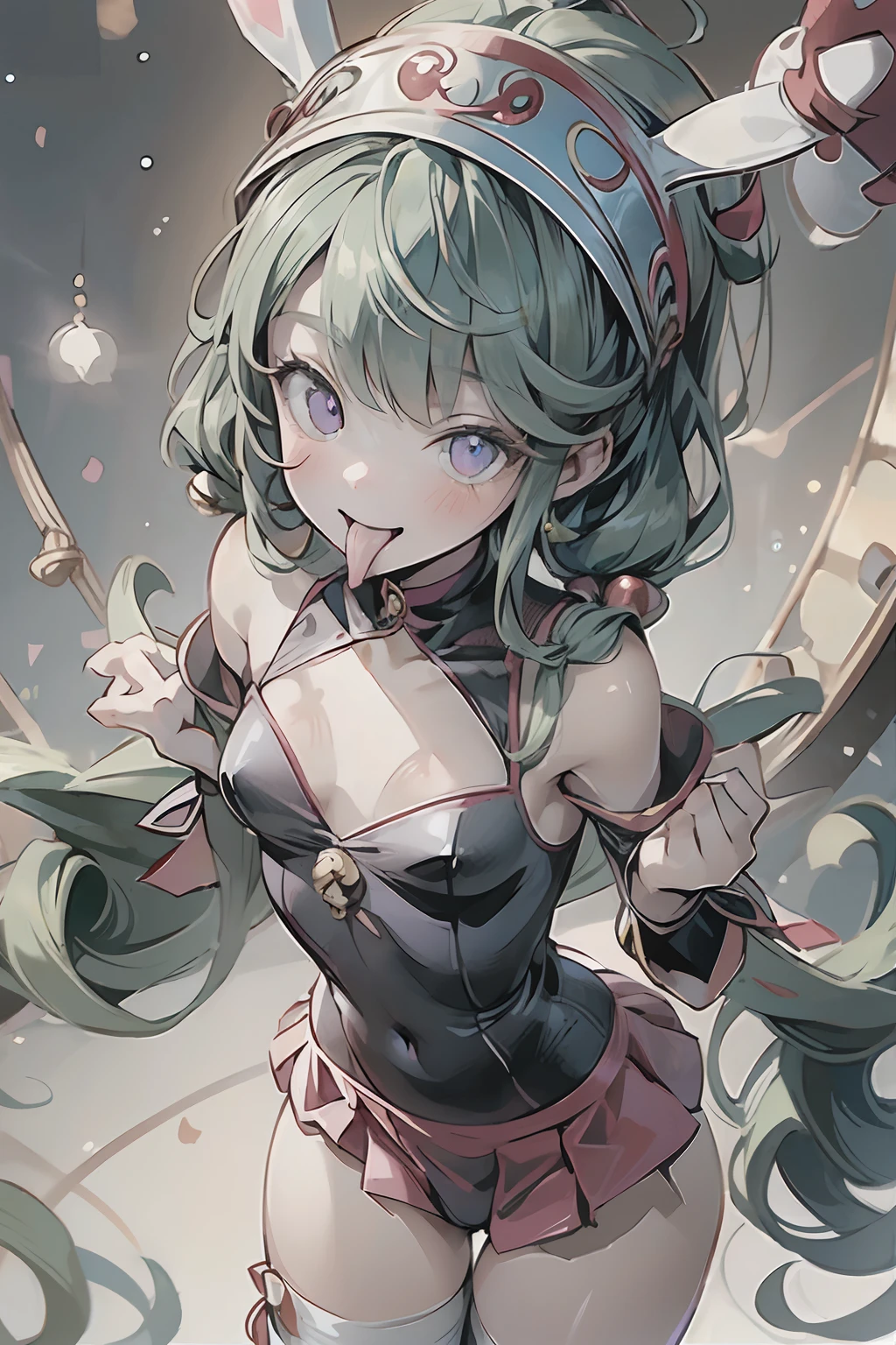 top-quality、((from below))，Rabbit Girl、age19、kawaii、Baby face、The upper part of the body、Round and cute eyes、big eye、a purple eye、teak、lip、tongue、long tongue、Mouth open、I have my mouth wide open、Stick out the tongue、Show the inside of the mouth、Colossal ????、Focus on、Boundary configuration、thin waist、Long fluffy braided hair、light green hair、Red inner color hair、A smile、Grabbing his ????? with his hands、Santa Claus One Shoulder ???? Swimsuit、Santa Claus Costume、micromini skirt、Glitter effect、Watercolor style、