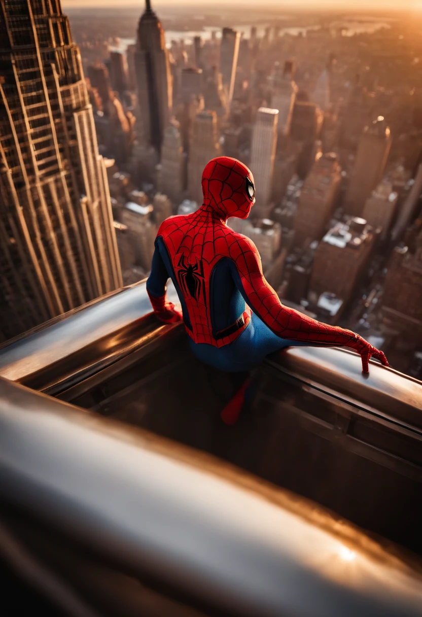 Spiderman standing ontop of the empire state building looking down on NYC as he holds on with one arm, cinematic, dramatic light, golden hour, haze, crystal clear image, highly detailed