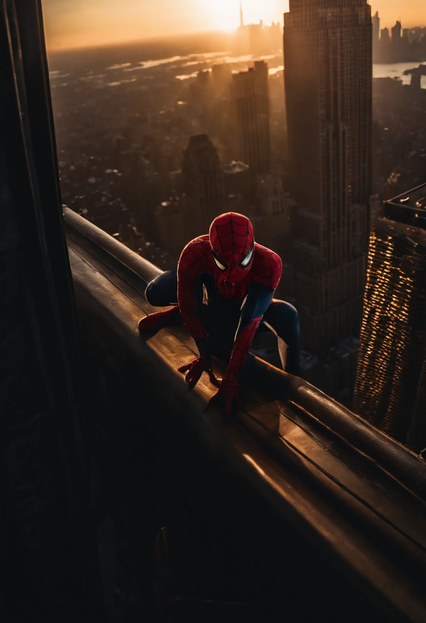 Spiderman standing ontop of the empire state building looking down on NYC as he holds on with one arm, cinematic, dramatic light, golden hour, haze, crystal clear image, highly detailed