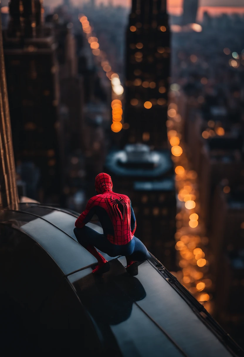 Spiderman standing ontop of the empire state building looking down on NYC as he holds on with one arm, cinematic, dramatic light, golden hour, haze, crystal clear image, highly detailed