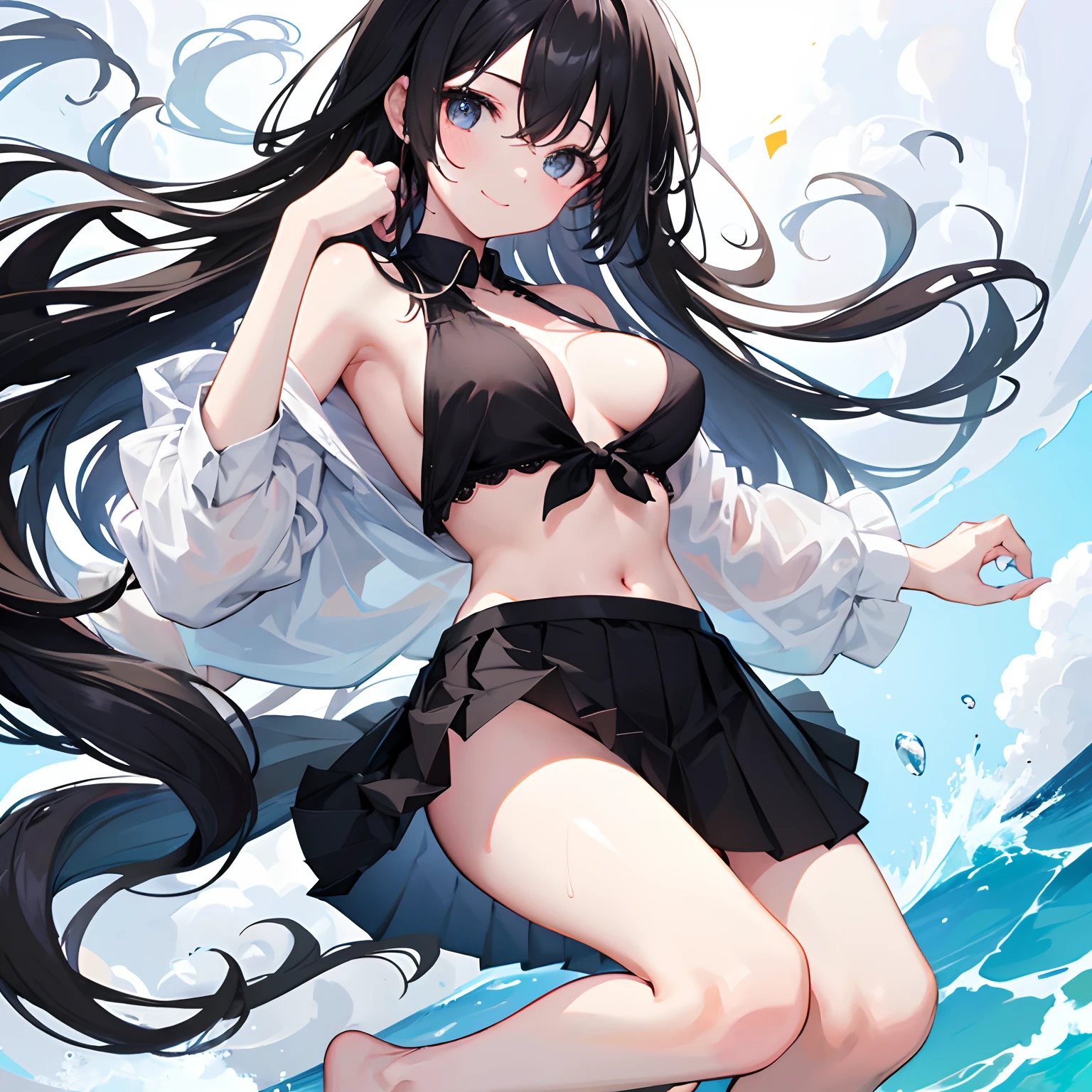 Beautiful illustration、top-quality、highest quality,Cute girls,Smile,Draped with hair、Random actions,bare butts,Bare legged,Black color hair,No bra wearing,The body is wet,Superskirt,The lower body is naked,The barefoot,(White color blouse),(Exposes the at the base of the thigh),(Translucent top),long whitr hair、(((Black pleated skirt)))、(does not wear panties),(Not wearing Bra),Bare legged,ssmile,Be red in the face,wearing black glasses,wearing black glasses,