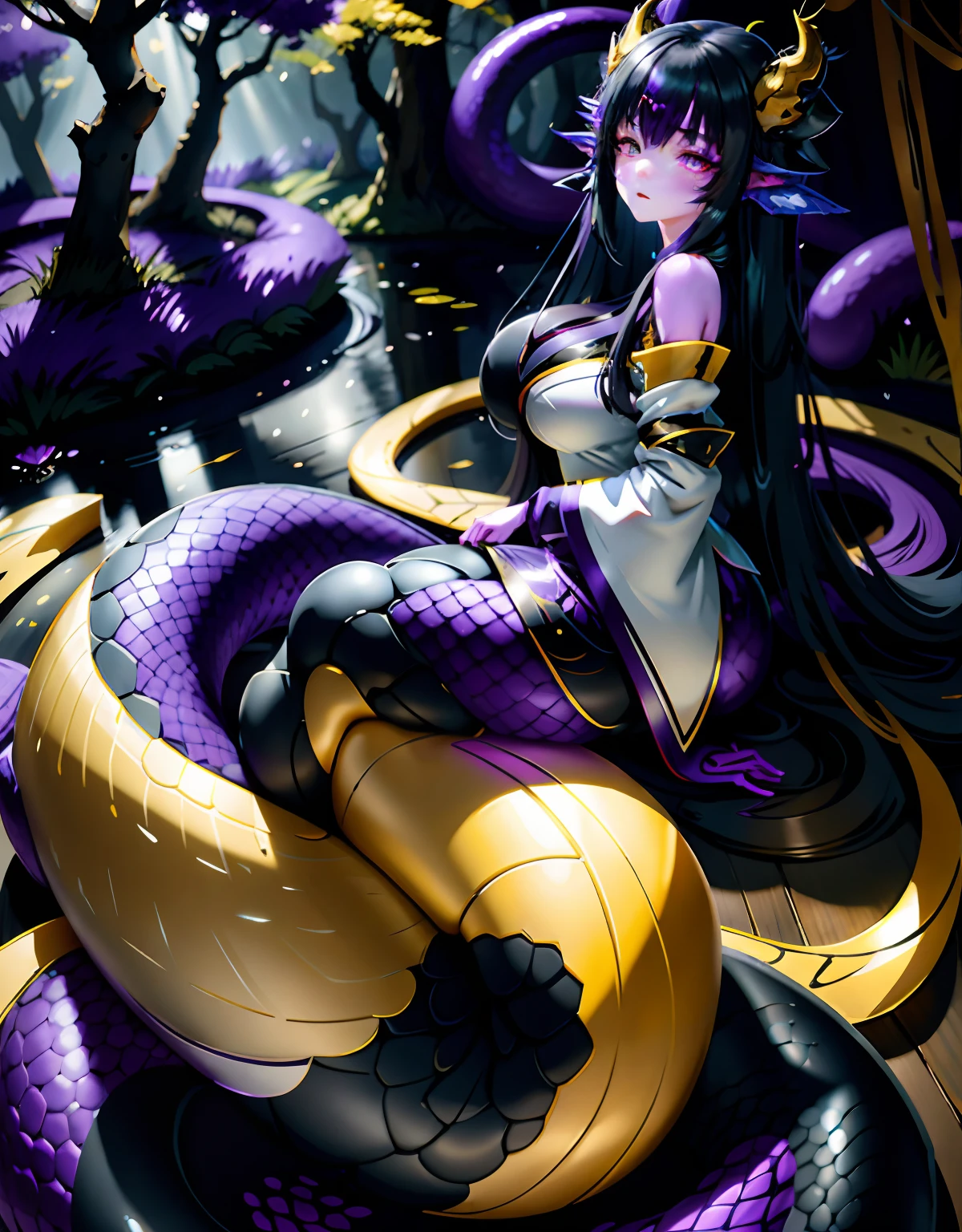 girl, lamia, lamia hybrid, lamia ears, lamia tail, thick body, curly black hair, white skin, blue eyes, florest background, high resolution, beautiful, straight hair, scales, slightly chubby body, thick curves, pink , trees on the back, blindfolded, black blindfold, hair in twintails, Light skin ,Black long hair,Blind fold, Kimono, blind folded detailed snake skin, (Adult ), solo focus, (lamia), stoic, monster girl, (short horns), beautiful eyes, beautiful background, abandoned cabin, forest, light particles, sun rays, dramatic lighting, outside, grass, leaves, shiny (yellow, purple, blue gradient:1.5), realistic, masterpiece, best quality, ultra-detailed, detailed, scenery, beautiful detailed eyes, detailed hair