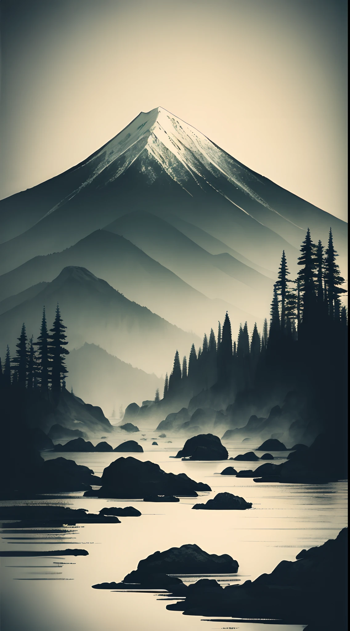 white background, scenery, ink, mountains, water, trees