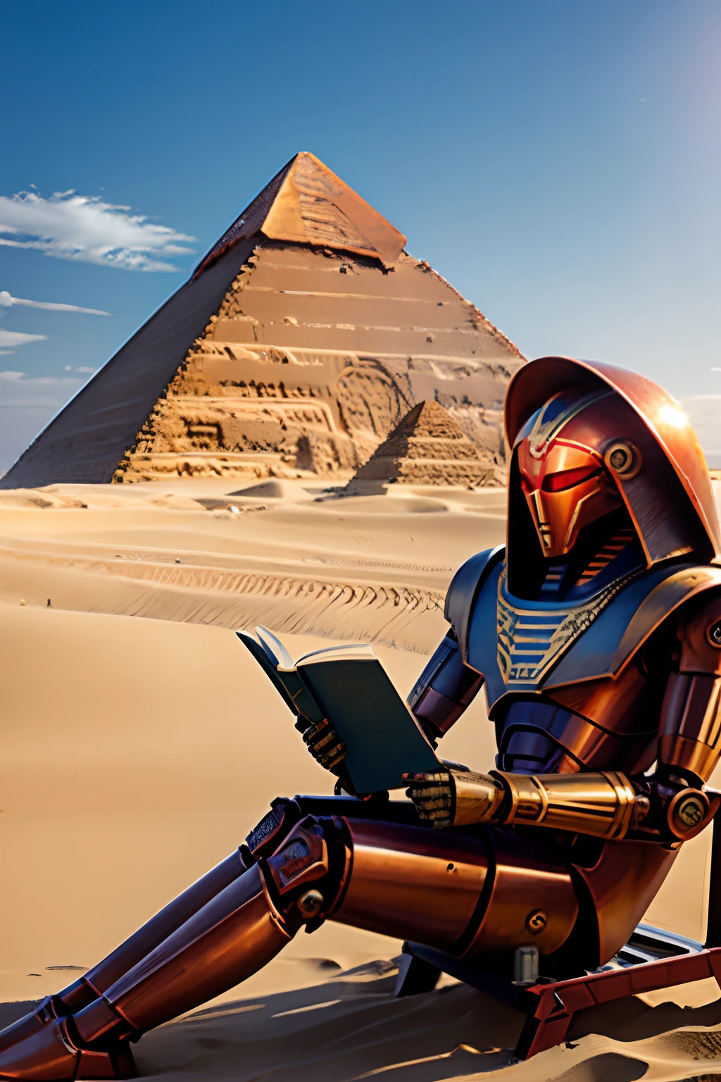 Robot in aged red metal, metal marrom enferrujado, luzes brilhantes, The robot is reading a book at the foot of a dune and in the background is a gigantic Egyptian pyramid and over it a flying saucer.