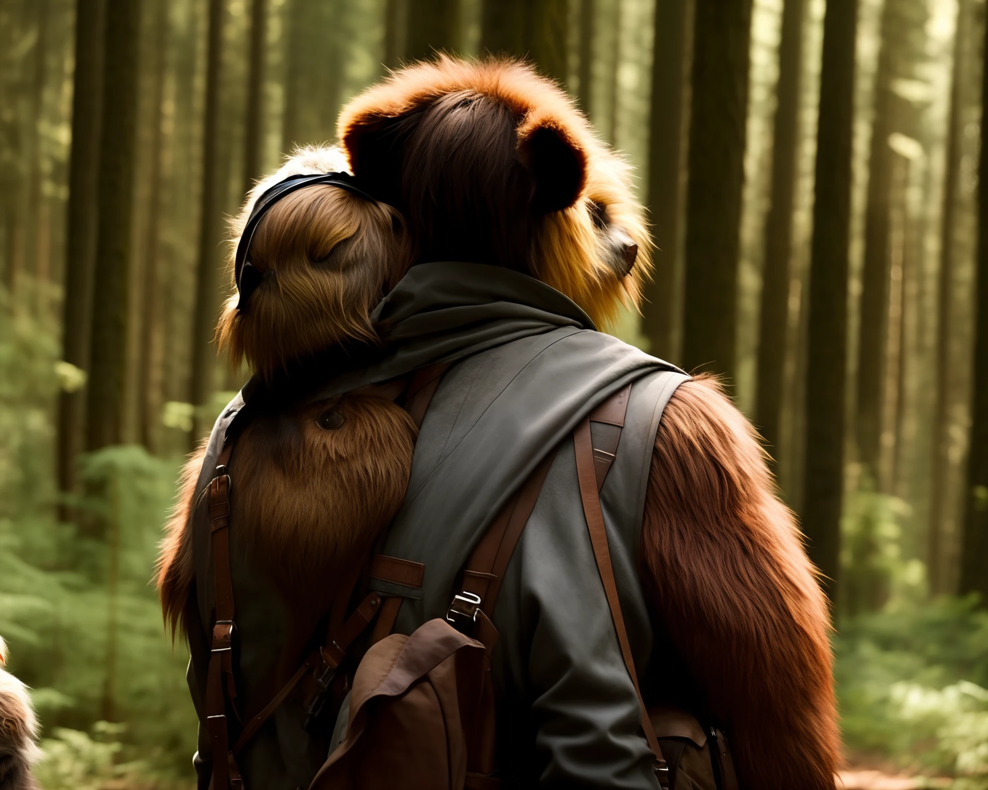 Dean Winchester has an Ewok on his shoulders as they’re walking through a forest
