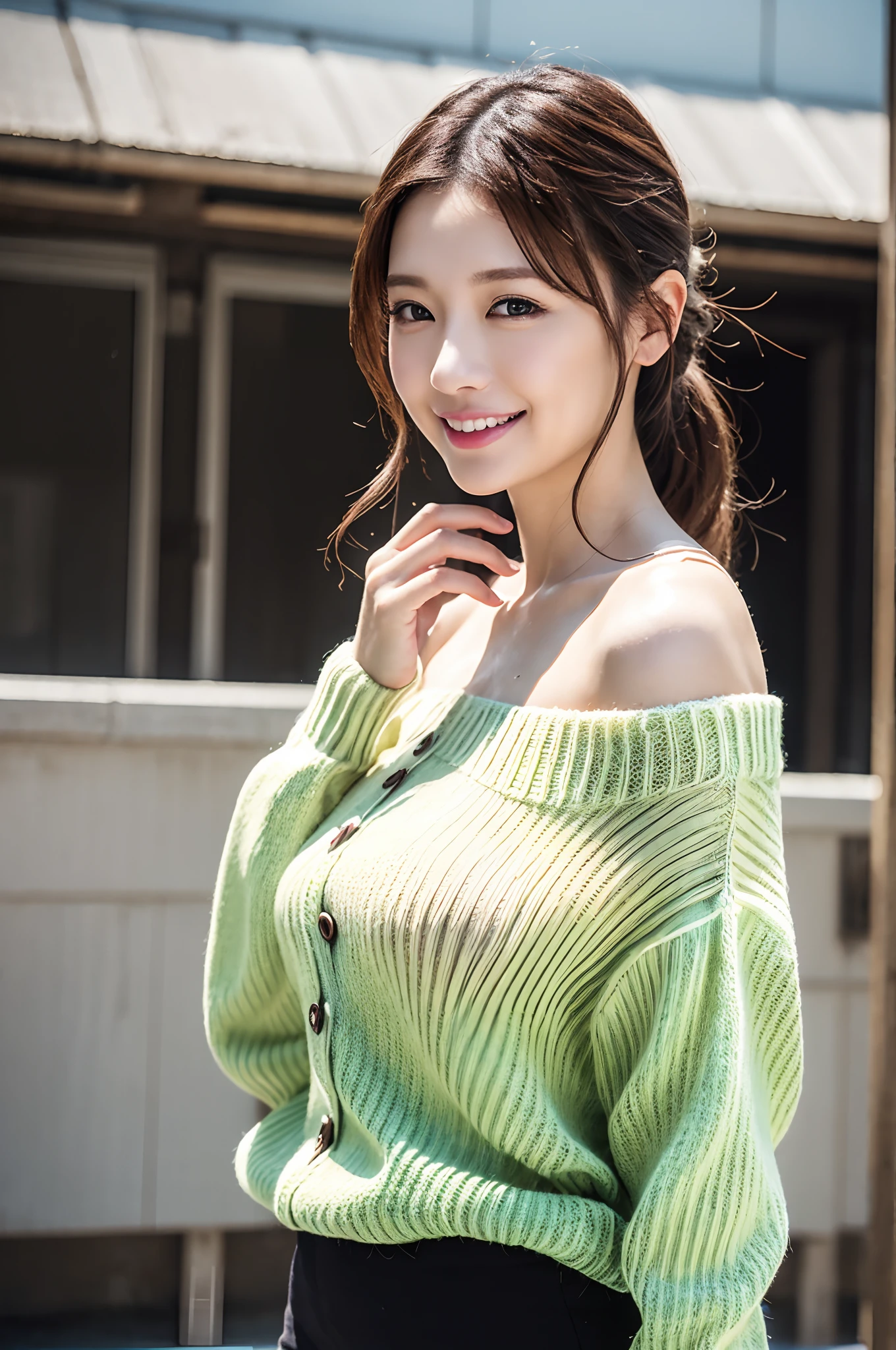 ((((highest quality))))、(((Ultra-precision CG16K wallpaper)))、(((masterpiece)))、(((Super detailed)))、(((super extreme details)))、1people's women、mature woman、24 year old woman、((Japanese face))、((very beautiful face))、((Zuo々Ki Nozomi:1.5))、((straight shoulder length hair))、(shiny brown hair)、bangs up to eyebrows、beautiful brown hair、beautiful delicate eyes、brown eyes、raised eyebrows、high nose、small nostrils、small mouth、seductive lipouth slightly open、beautiful breasts、((C cup size breasts))、cleavage、plump body、(Chubby body type)、perfect proportions、perfect anatomy、perfect composition、beautiful detailed shading、beautiful natural lighting、beautiful detail glow、Depth of the bounds written、(((High chroma)))、(((real:1.9)))、((vivid:1.5))、((edge:1.6))、((beautiful skin))、((skin texture))、((realな皮膚感))、(((cowboy shot、Thigh:1.5)))、((view from front:1.5))、((shy smile:1.6))、(Eyes looking at me:1.5)、Daytime forest、bright sunshine、Natural light、(((in the forest:1.3)))、(standing pose:1.5)、(((Light moss green color bell sleeve sweater clothing:1.6)))、((earrings、wearing necklace:1.2))、