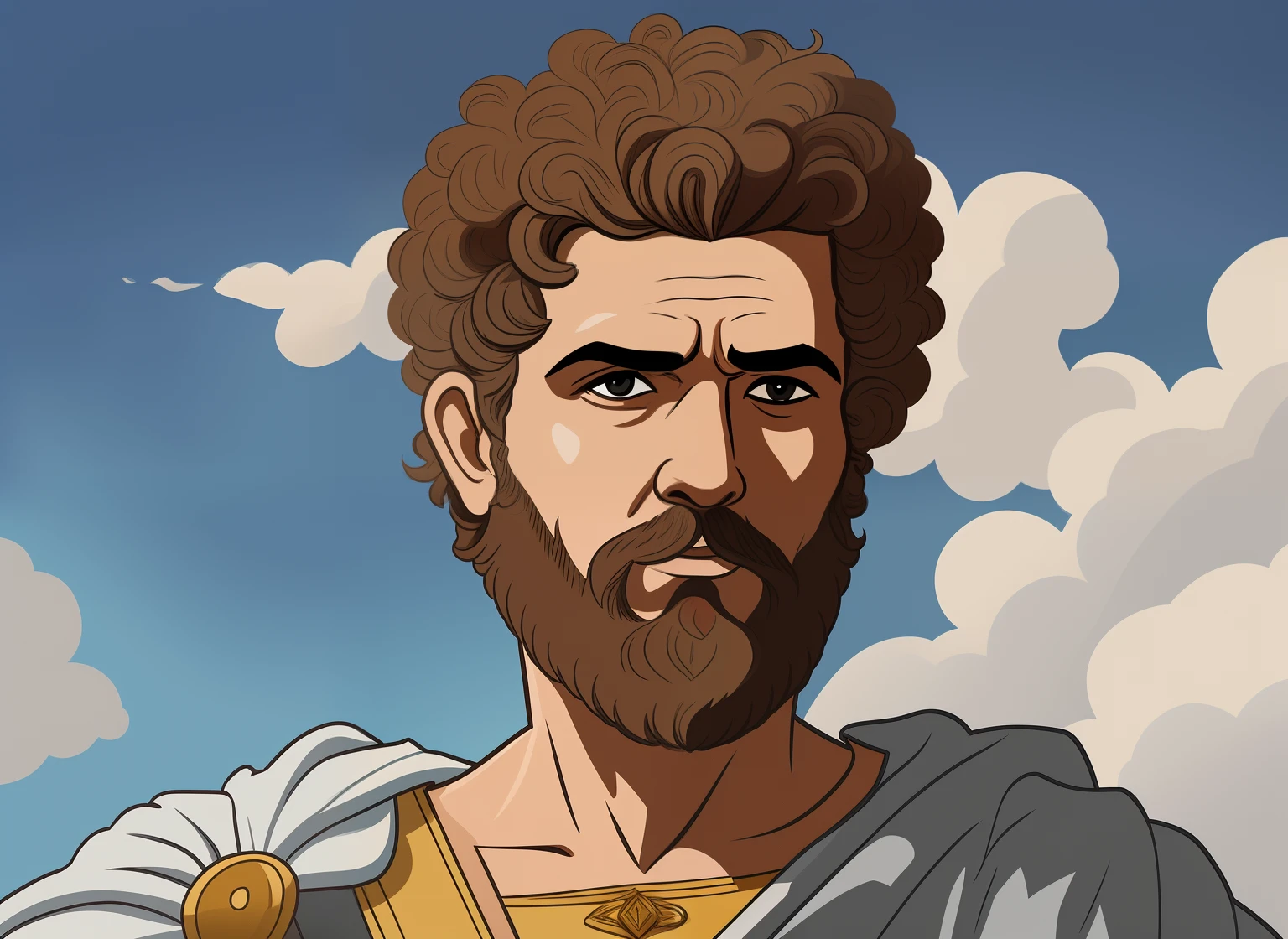 um desenho animado de um homem com barba e barba em um manto branco, stoic, eStoic face, Pose estoica, Imperador Romano, eStoic facial expression, joseph joestar, Stoic attitude, Estoicismo, divino e estoico, estoico and calm, Retrato do Imperador da Humanidade, Homem de Roma Antiga, Retrato Zeus