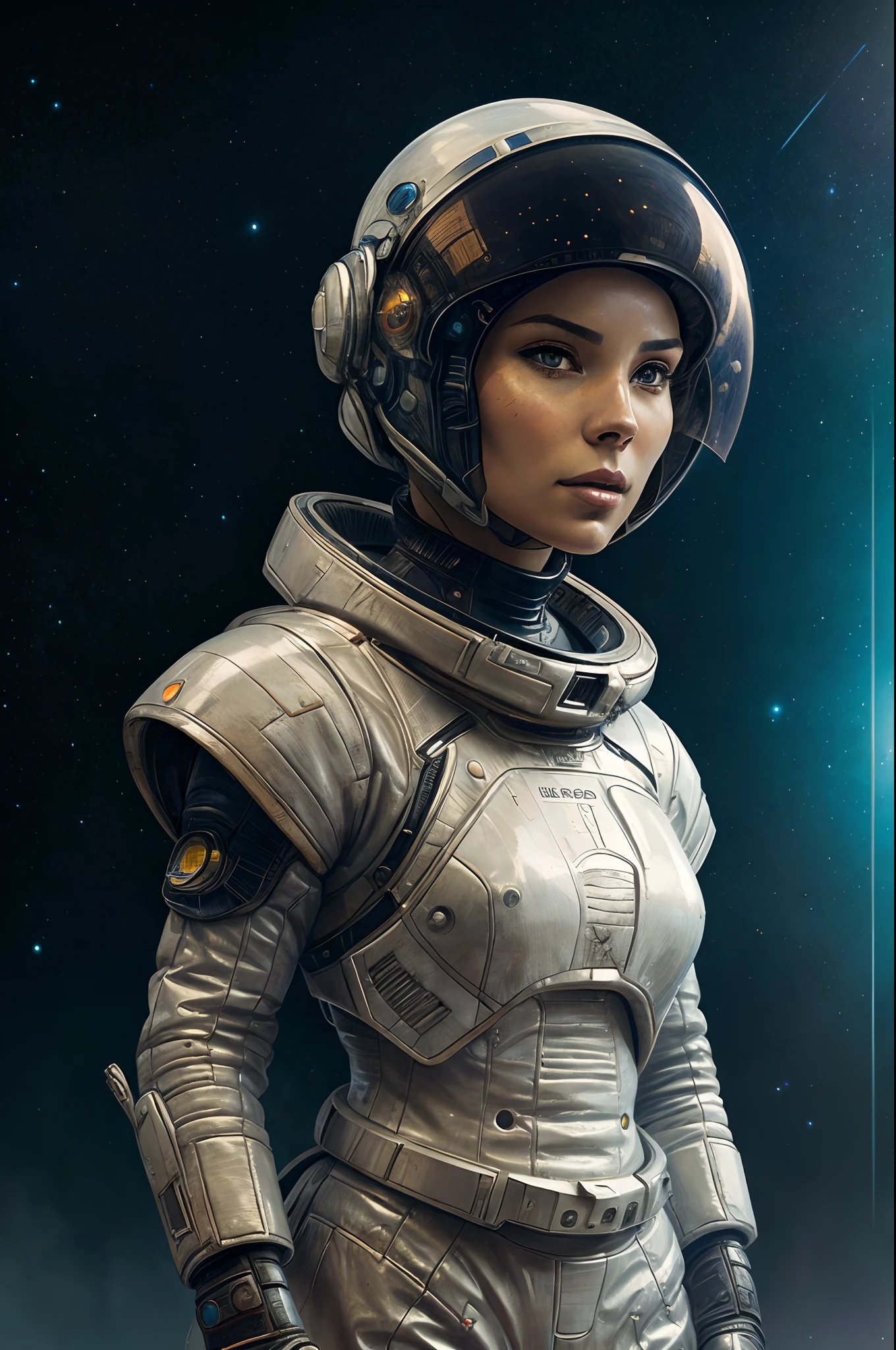 a woman in a space suit with a helmet on, beautiful digital artwork, sci fi art, wojtek fus, sci-fi digital art illustration, beautiful sci fi art, sci-fi digital art, stunning digital illustration, sci - fi art, sci-fi art, futuristic astronaut, portrait armored astronaut girl, scifi art, gorgeous digital art, antoine collignon