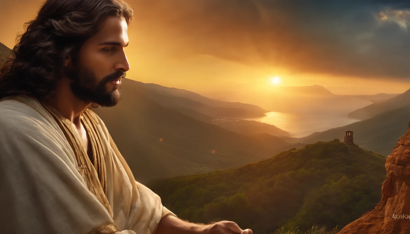(melhor qualidade,4k,8k,Altas,master part:1.2),ultra-detalhado,(Realistic,fotorrealista,photo-realistic:1.37),jesus cristo,estilo de arte tradicional,vivid and dynamic brushstrokes,Ancient playful setting ,Charismatic expression,postura humilde,historic portrait,Noble Features,estilo de pintura de tinta e lavagem,finely detailed facial features,dynamic compositing,Paradisiacal scenery,olhar confiante,,ambiente com Luz do sol dourada iluminando a cena,aura de angelical,atmosphric perspective,Explosive lighting,Jesus with open arms at sunset