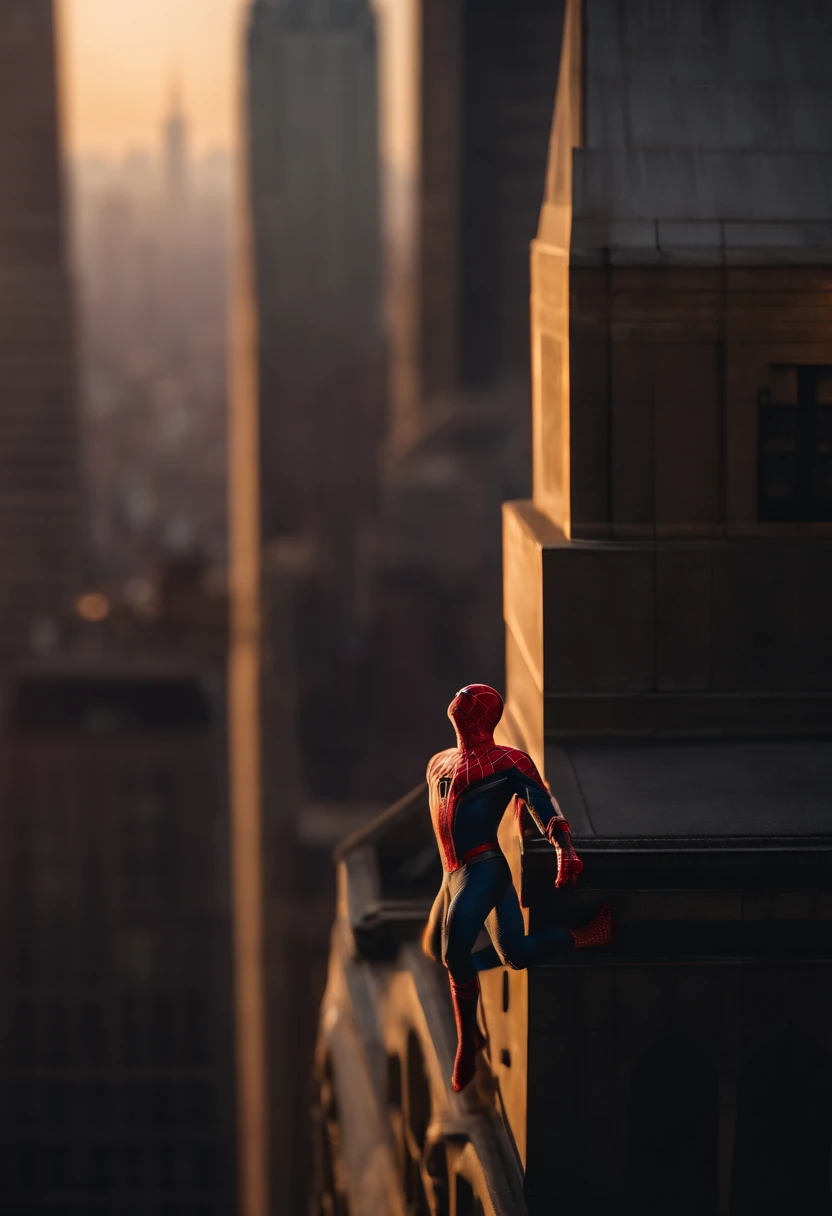 Spiderman standing ontop of the empire state building looking down on NYC as he holds on with one arm, cinematic, dramatic light, golden hour, haze, crystal clear image, highly detailed