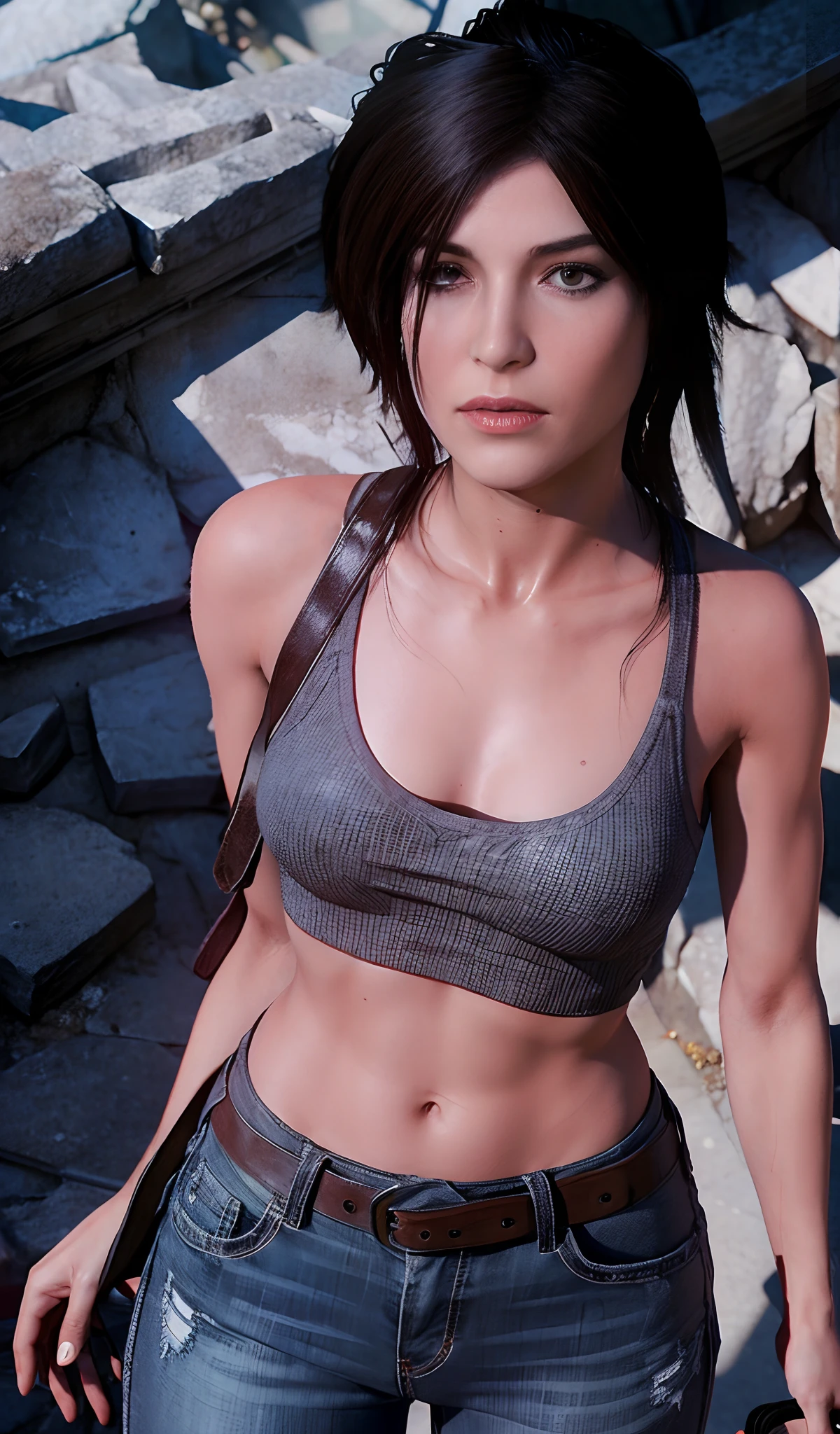 a professional photo of rottr_lracrft woman, wearing a very long v neck  sleeveless grey shirt, denim pants, tactical belts around legs, dynamic standing  pose in the great wall of china sunbathing, facelit, ((extremely detailed skin)), (perfect eyes), (((perfect hands))), (curvy hips:0.8), (filmic lighting), (photorealistic:1.2), (desaturated:1.08), 8k, dslr, (bokeh), ultra high res