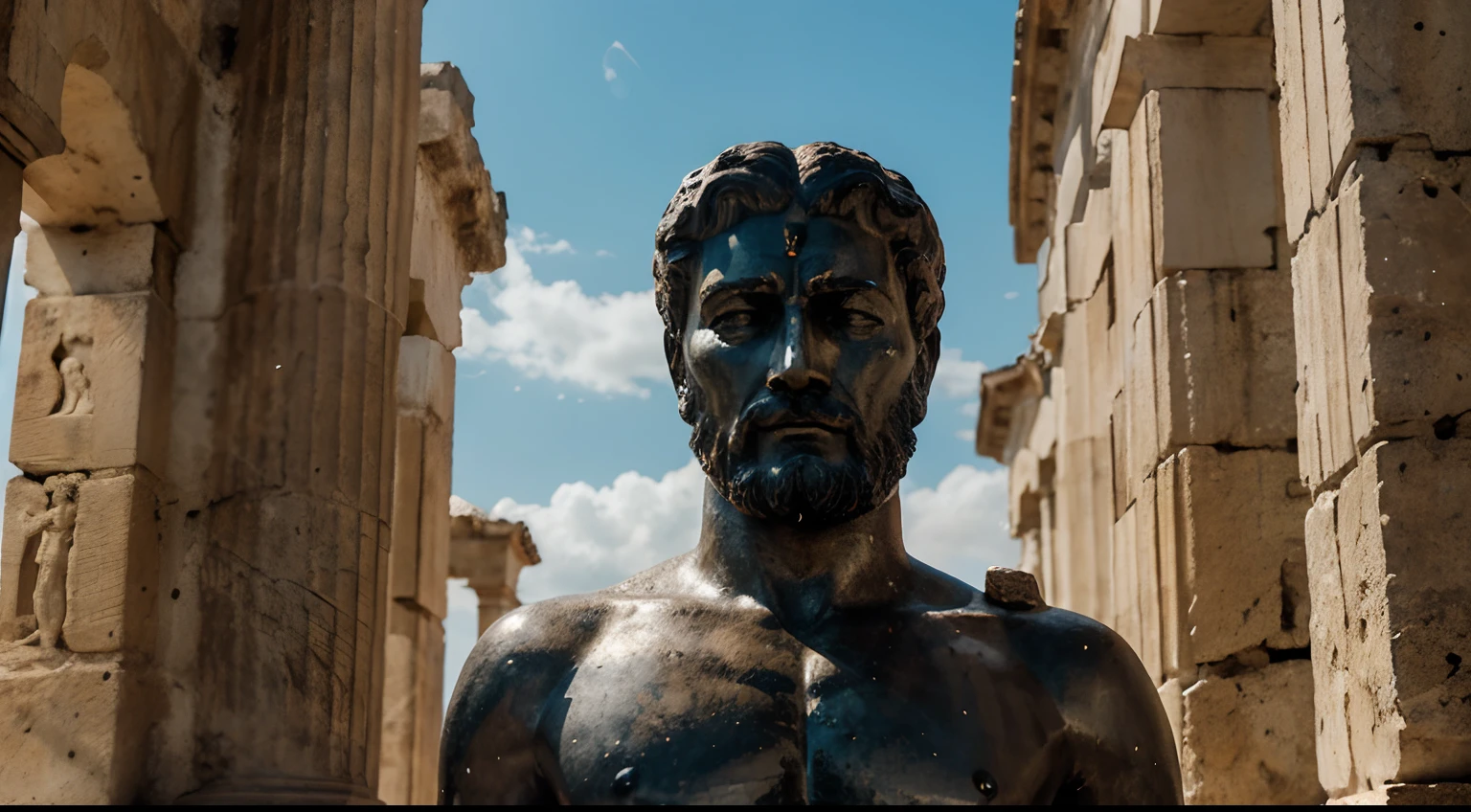 Ancient Stoic Statue With Very Angry Expression, tem barba, muitos detalhes em ambos os olhos, Outside, fundo atenas grego, open sky, com rosto extremamente detalhado full body view, Colors with low saturation with dark tone, Filmado em Sony A7S III com Sony FE 35mm f/1.8, 12.1 MP, --AR 3:2 --estilo cru