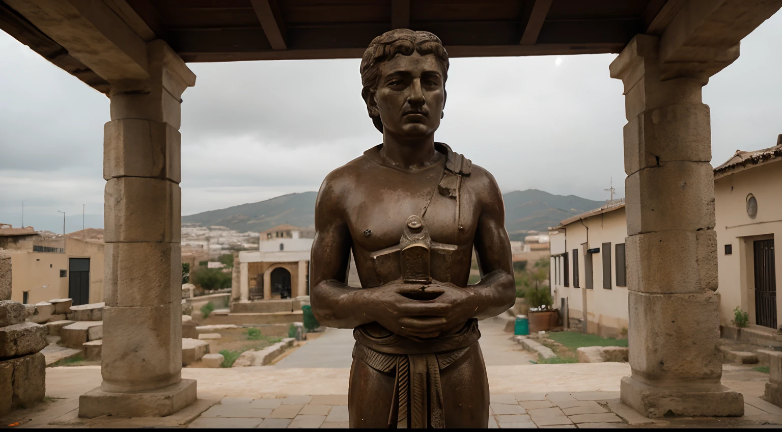 Ancient Stoic Statue With Very Angry Expression, tem barba, muitos detalhes em ambos os olhos, Outside, fundo atenas grego, open sky, com rosto extremamente detalhado full body view, Colors with low saturation with dark tone, Filmado em Sony A7S III com Sony FE 35mm f/1.8, 12.1 MP, --AR 3:2 --estilo cru