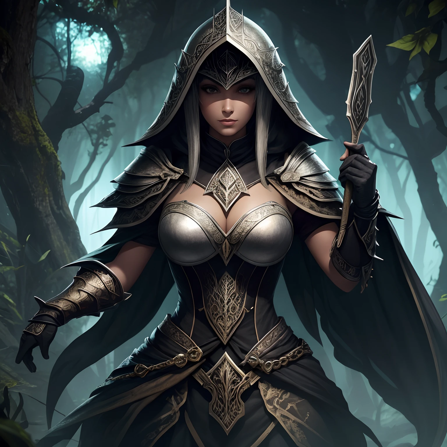 Melhor qualidade, extremamente detalhado, (retrato), de uma bela garota gerreira, Beautful, cabelos brancos, corpo lindo, pele palida, olhos brancos sem retinas, sombreado preto escorrido e em volta dos olhos, Her appearance is that of undead Spectro, armadura velha com rachaduras, roupas pretas rasgadas em uma floresta seca e morta, 8k, ultra detalhado e realista