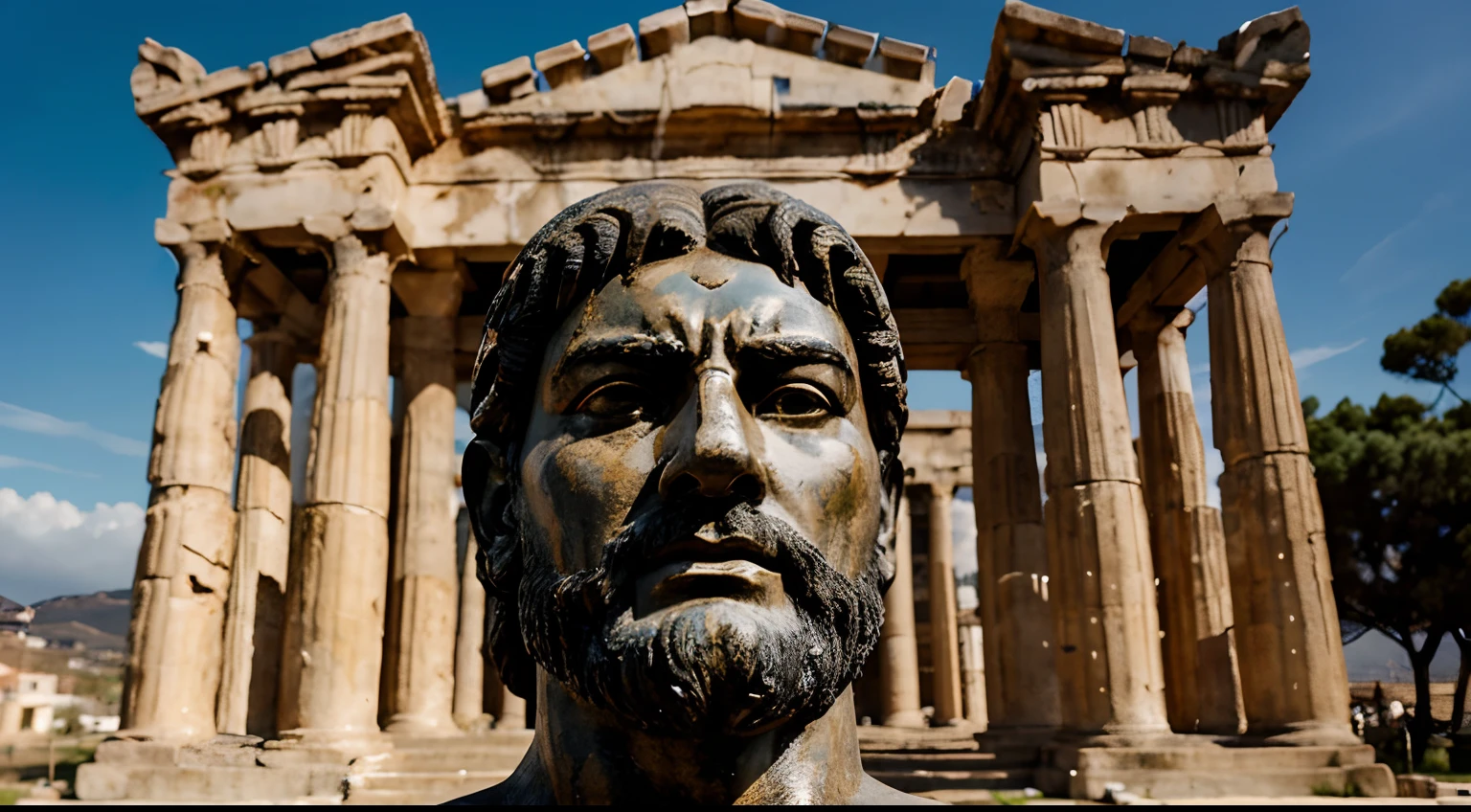 Ancient Stoic Statue With Very Angry Expression, tem barba, muitos detalhes em ambos os olhos, Outside, fundo atenas grego, open sky, com rosto extremamente detalhado full body view, Colors with low saturation with dark tone, Filmado em Sony A7S III com Sony FE 35mm f/1.8, 12.1 MP, --AR 3:2 --estilo cru