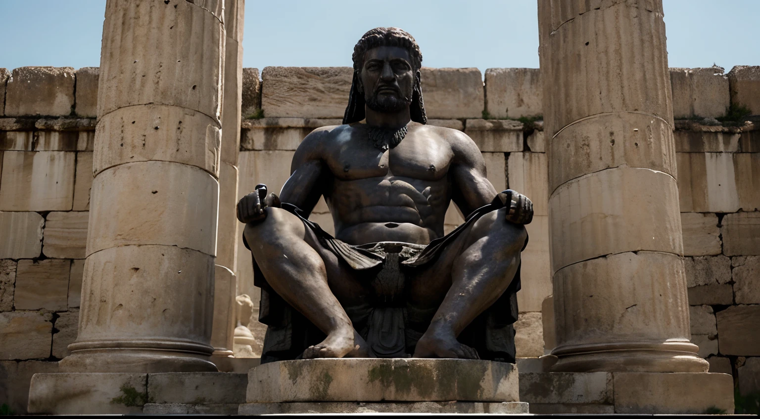 Ancient Stoic Statue With Very Angry Expression, tem barba, muitos detalhes em ambos os olhos, Outside, fundo atenas grego, open sky, com rosto extremamente detalhado full body view, Colors with low saturation with dark tone, Filmado em Sony A7S III com Sony FE 35mm f/1.8, 12.1 MP, --AR 3:2 --estilo cru