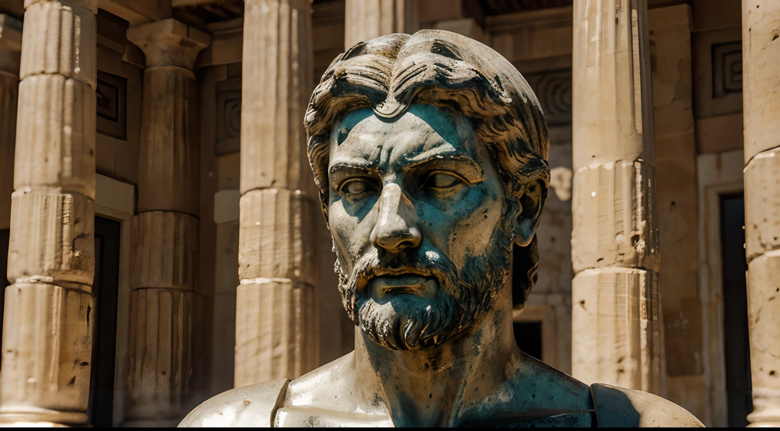 Ancient Stoic Statue With Very Angry Expression, tem barba, muitos detalhes em ambos os olhos, Outside, fundo atenas grego, open sky, com rosto extremamente detalhado full body view, Colors with low saturation with dark tone, Filmado em Sony A7S III com Sony FE 35mm f/1.8, 12.1 MP, --AR 3:2 --estilo cru