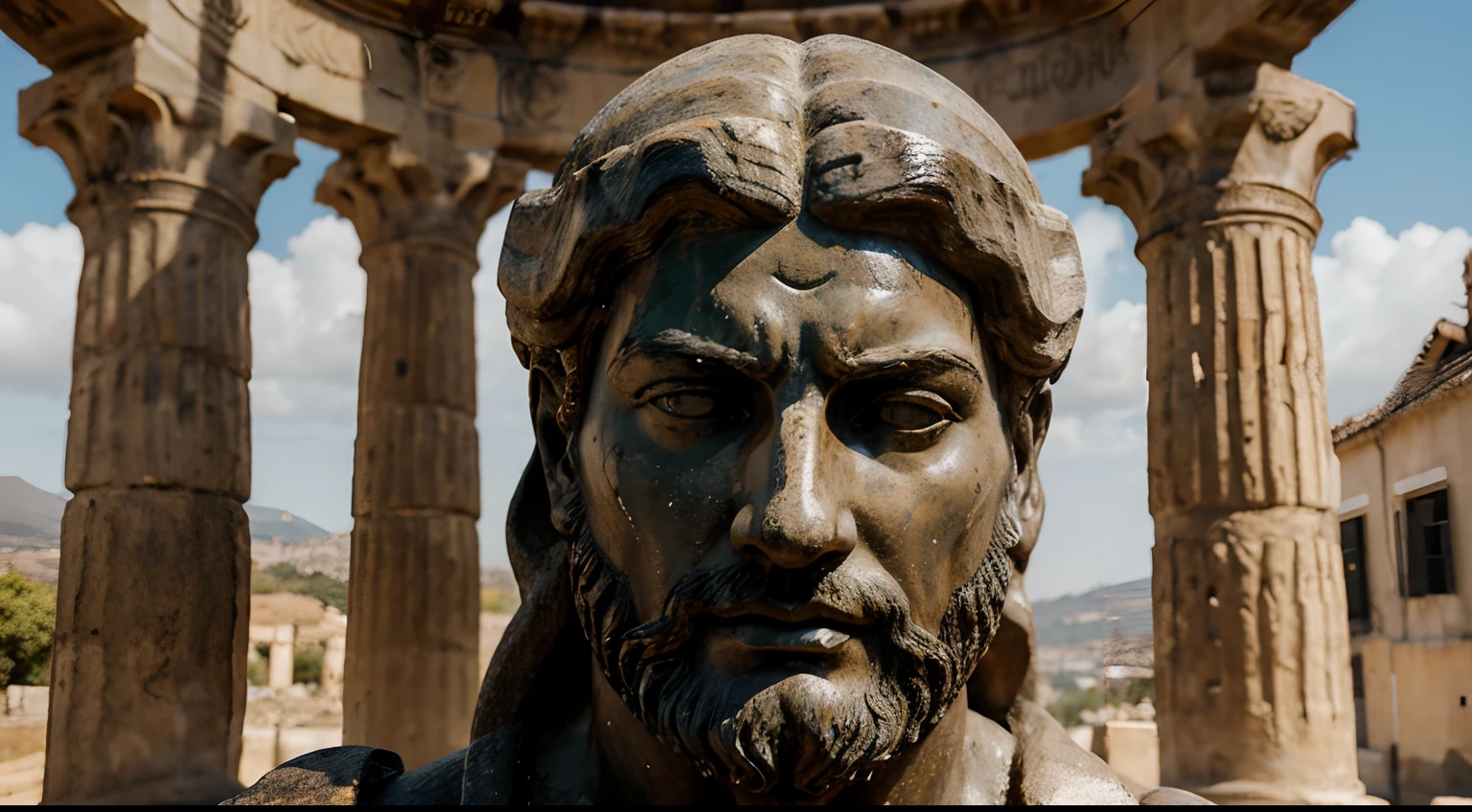 Ancient Stoic Statue With Very Angry Expression, tem barba, muitos detalhes em ambos os olhos, Outside, fundo atenas grego, open sky, com rosto extremamente detalhado full body view, Colors with low saturation with dark tone, Filmado em Sony A7S III com Sony FE 35mm f/1.8, 12.1 MP, --AR 3:2 --estilo cru